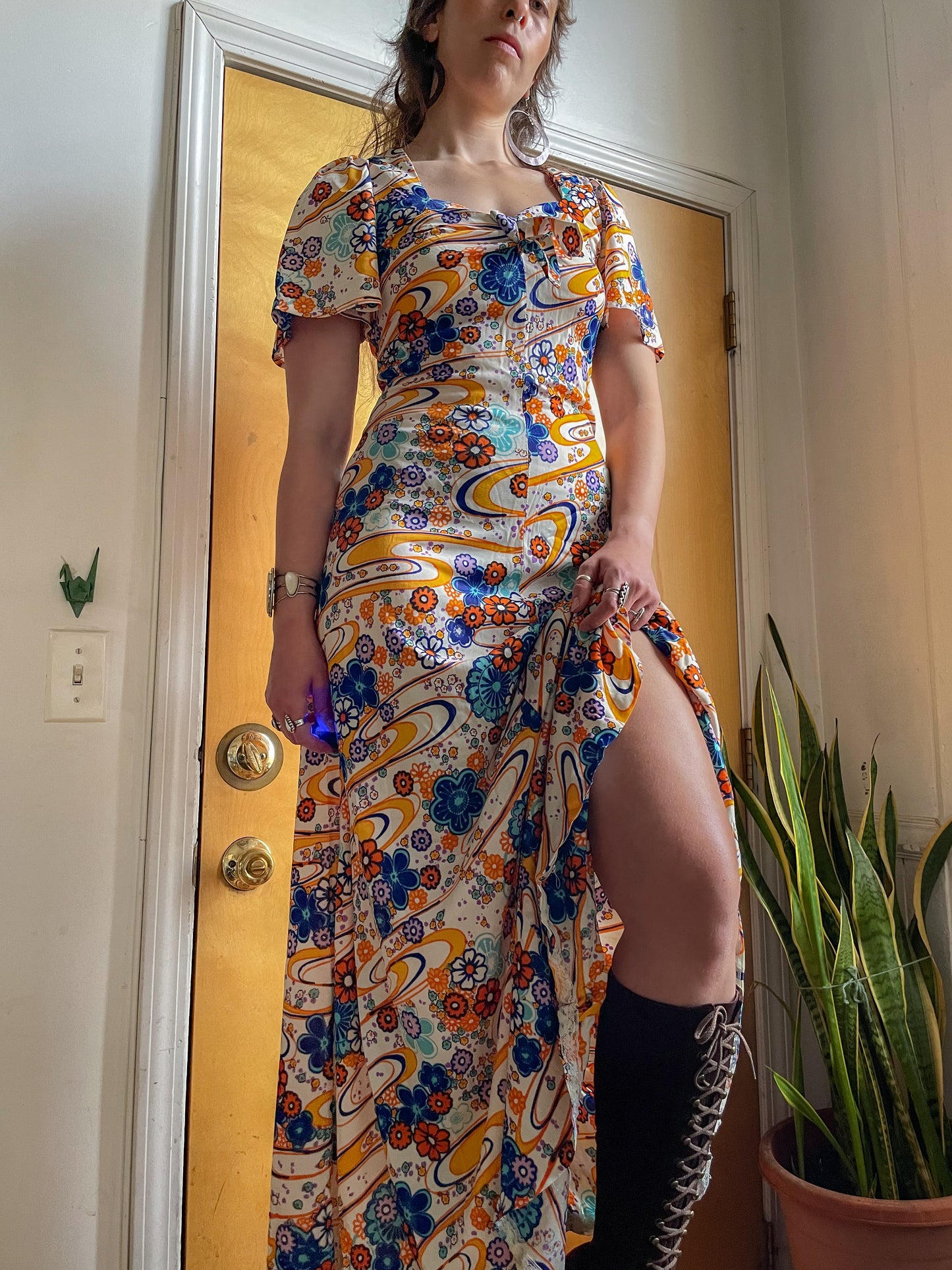 60s/70s Hawaiian Psych Print Maxi Dress (M)