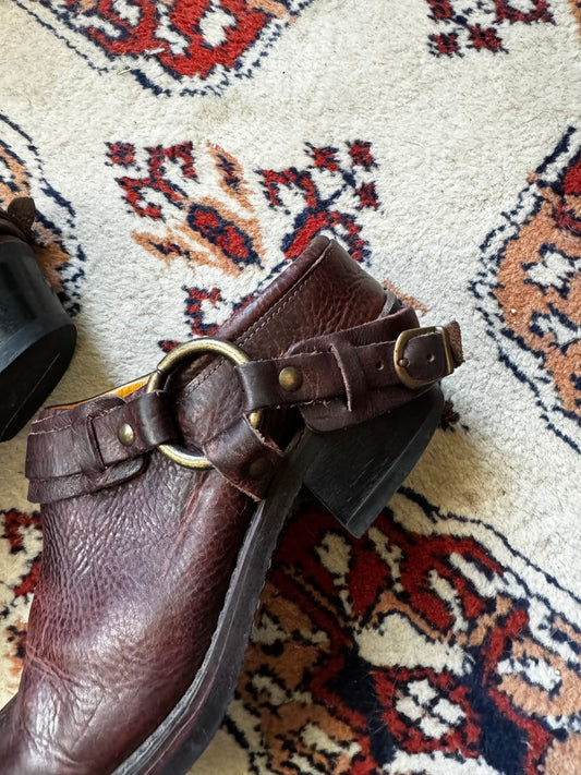 Vintage Brown Leather Harness Slip On Mules (8)