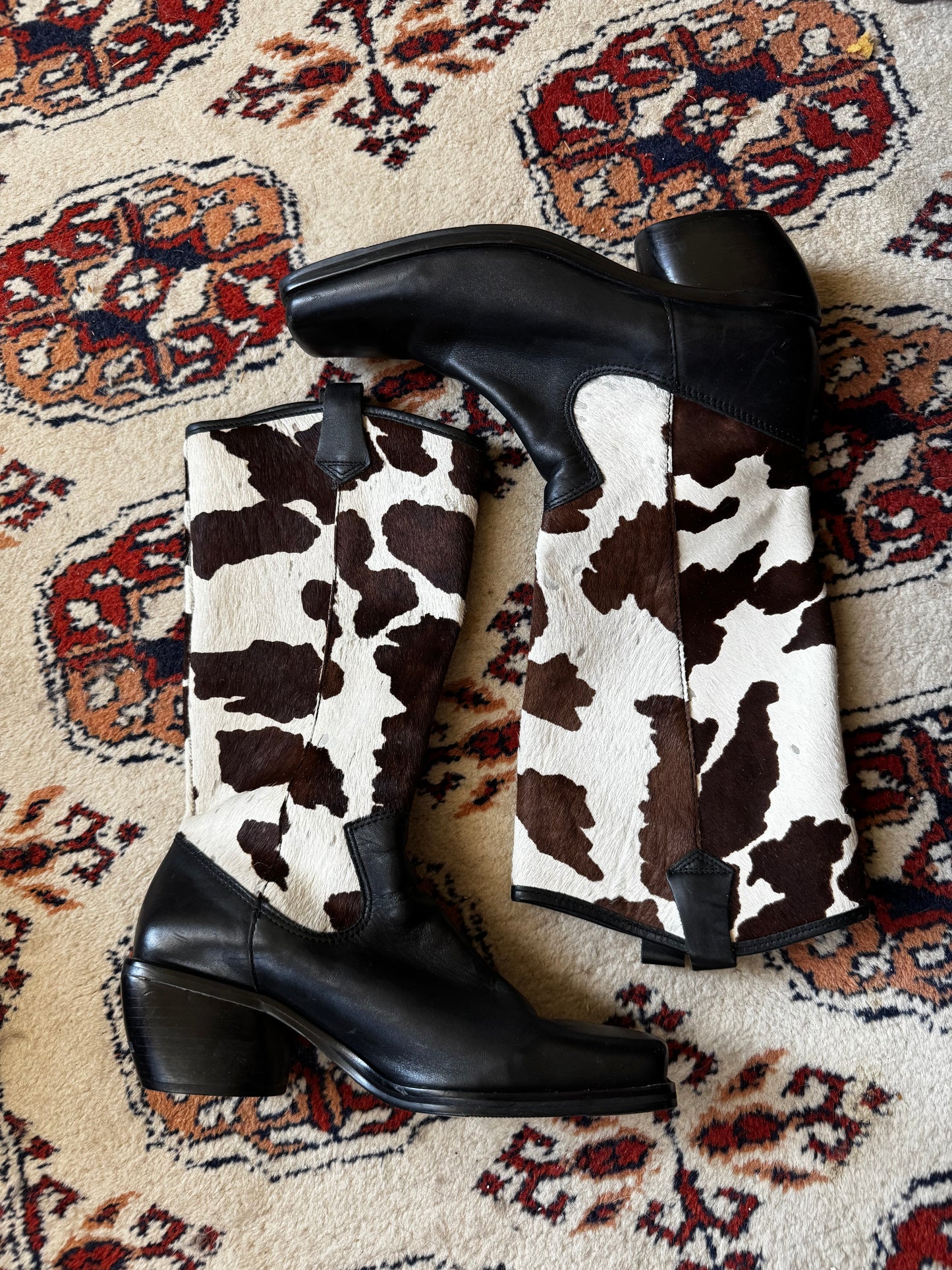 Vintage 90s Cow Print Pony Hair Knee High Boots (9)