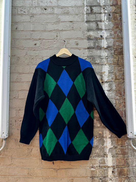 80s Color Block Harlequin Knit Micro Mini Sweater/Dress (M)