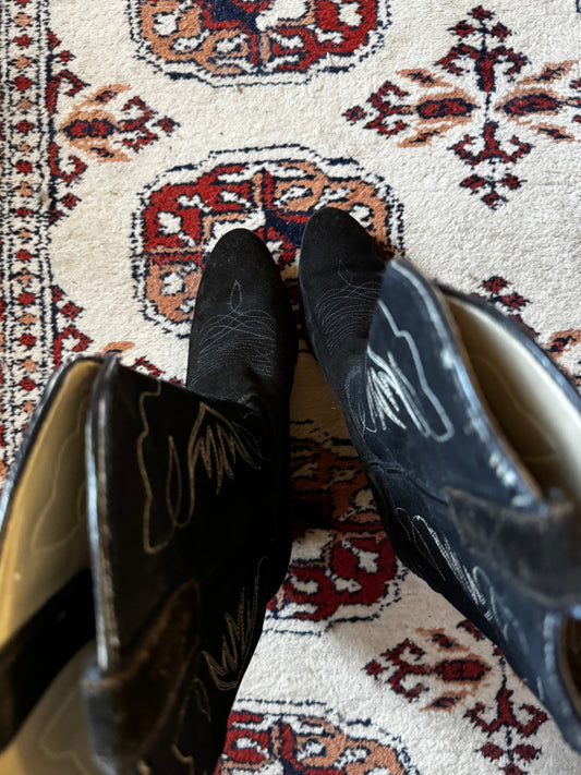 Vintage 80s Denim & Suede Heeled Cowboy Boots (8.5)