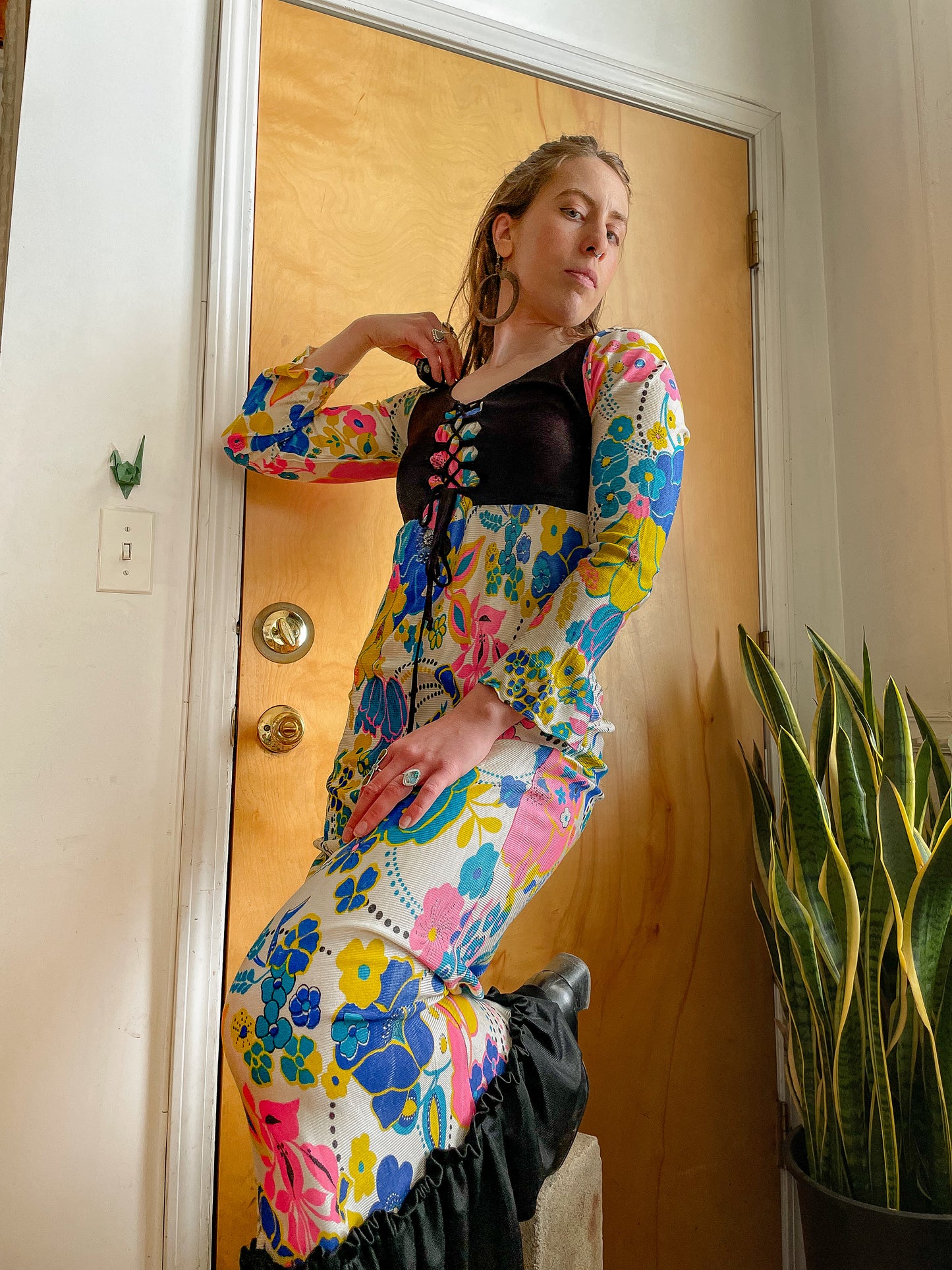 Early 70s Groovy Printed Floral Maxi Dress (S)