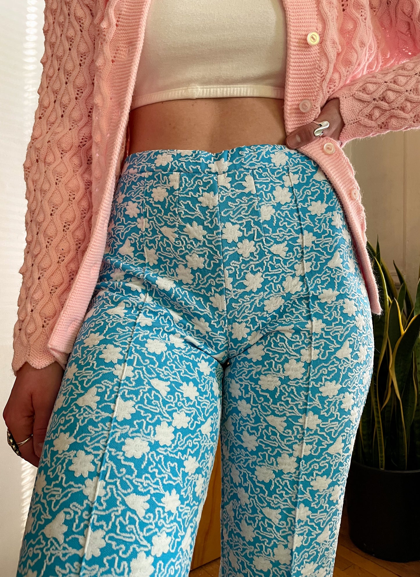 60s Double Knit Swirly Flower Printed Pants (M)