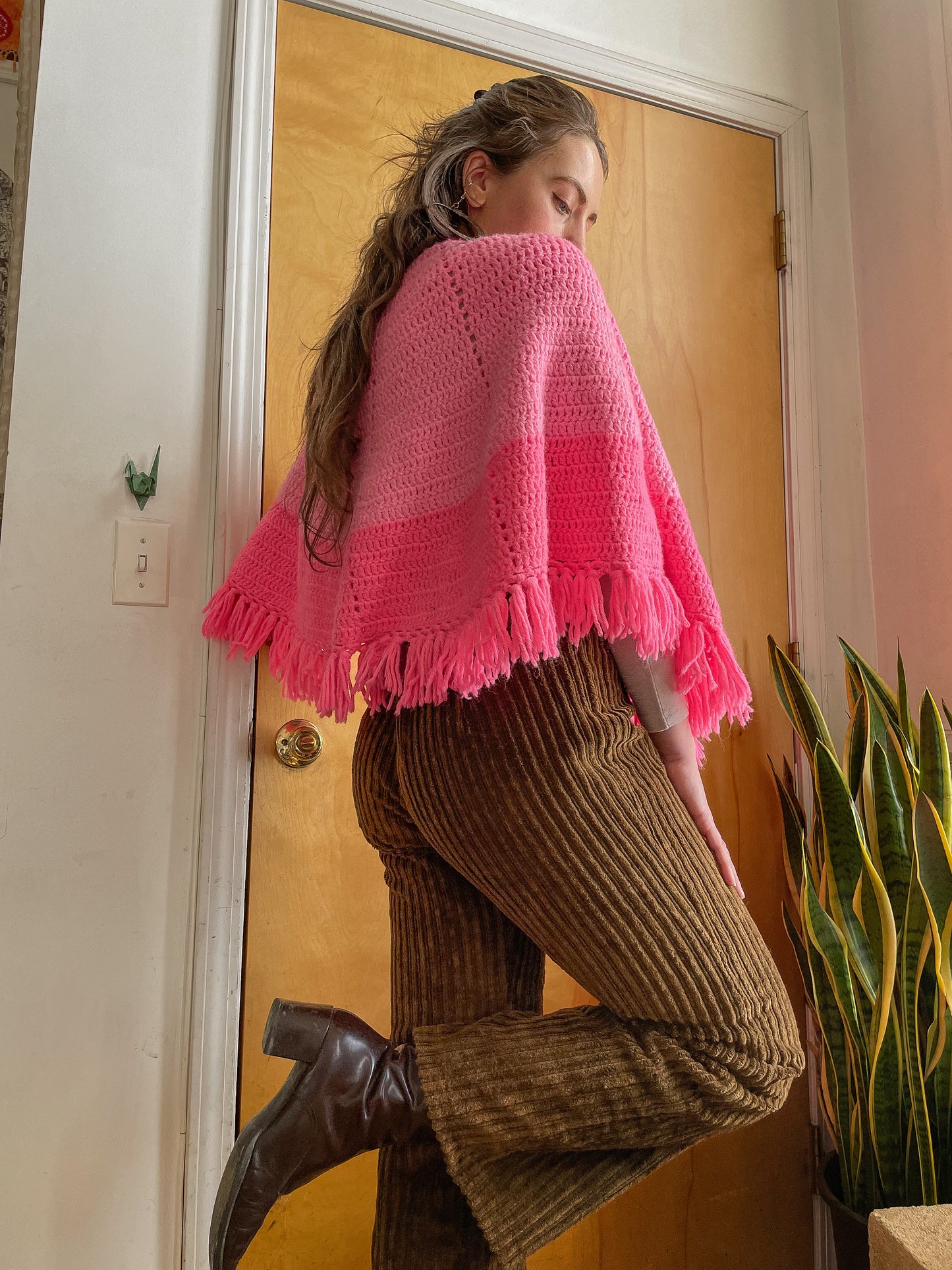 Late 70s Knit Crocheted Two Toned Poncho (XS-M)