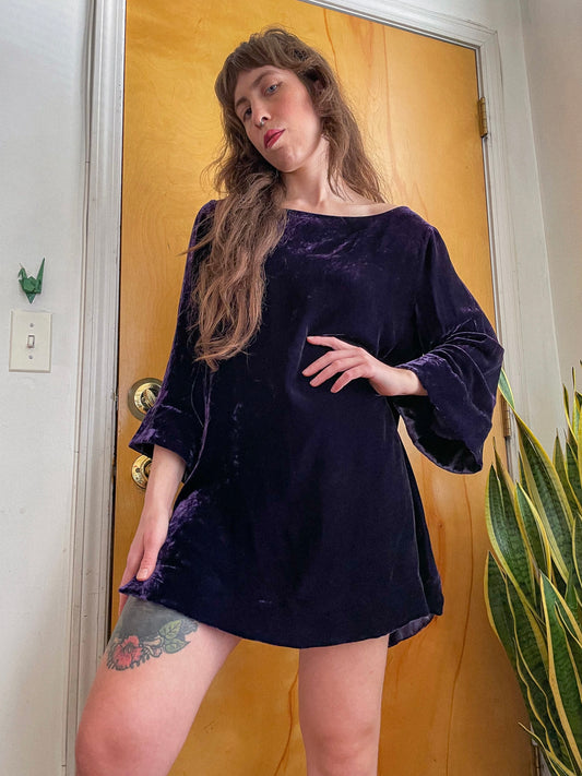 y2k Does 60s Purple Velvet Bell Sleeve Dress/Tunic (XS-L)