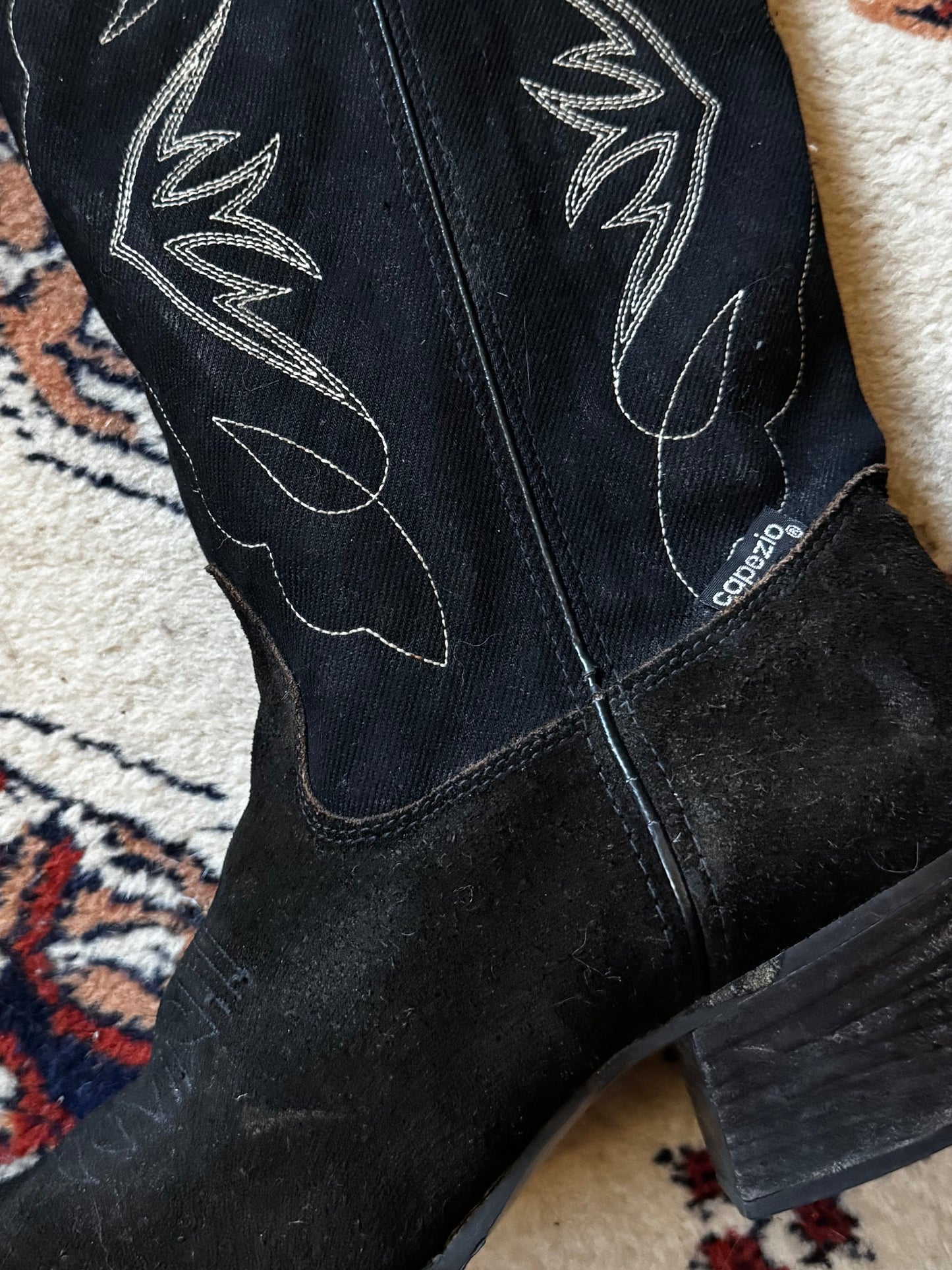 Vintage 80s Denim & Suede Heeled Cowboy Boots (8.5)