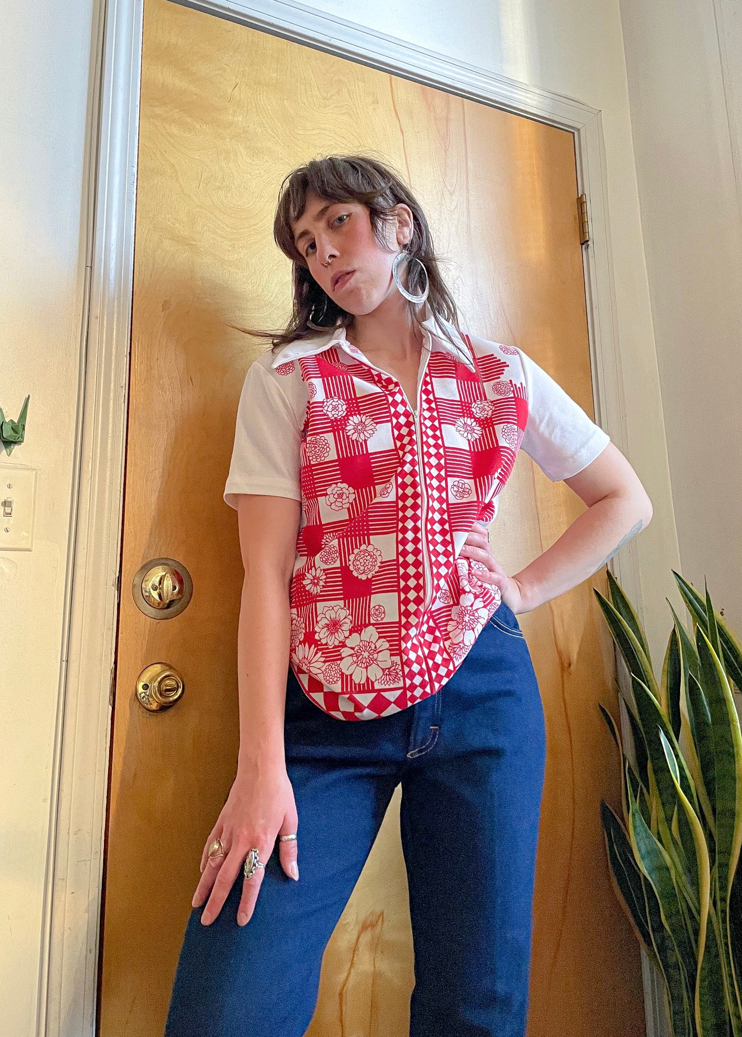 60- 70s Double Knit Checkered Zip Top (S-M)