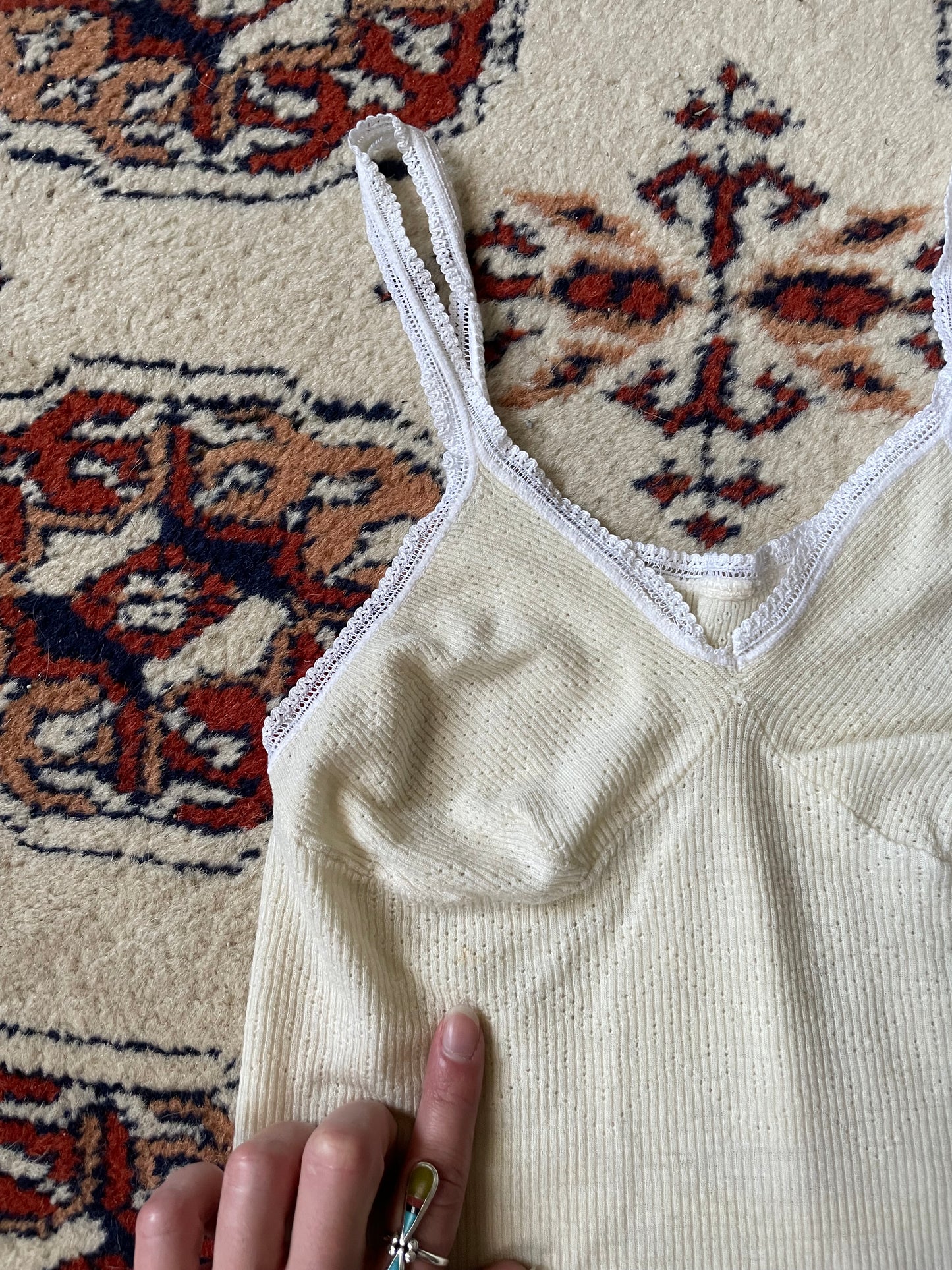 Vintage 70s Pointelle Cream Camisole Tank Top (XS)