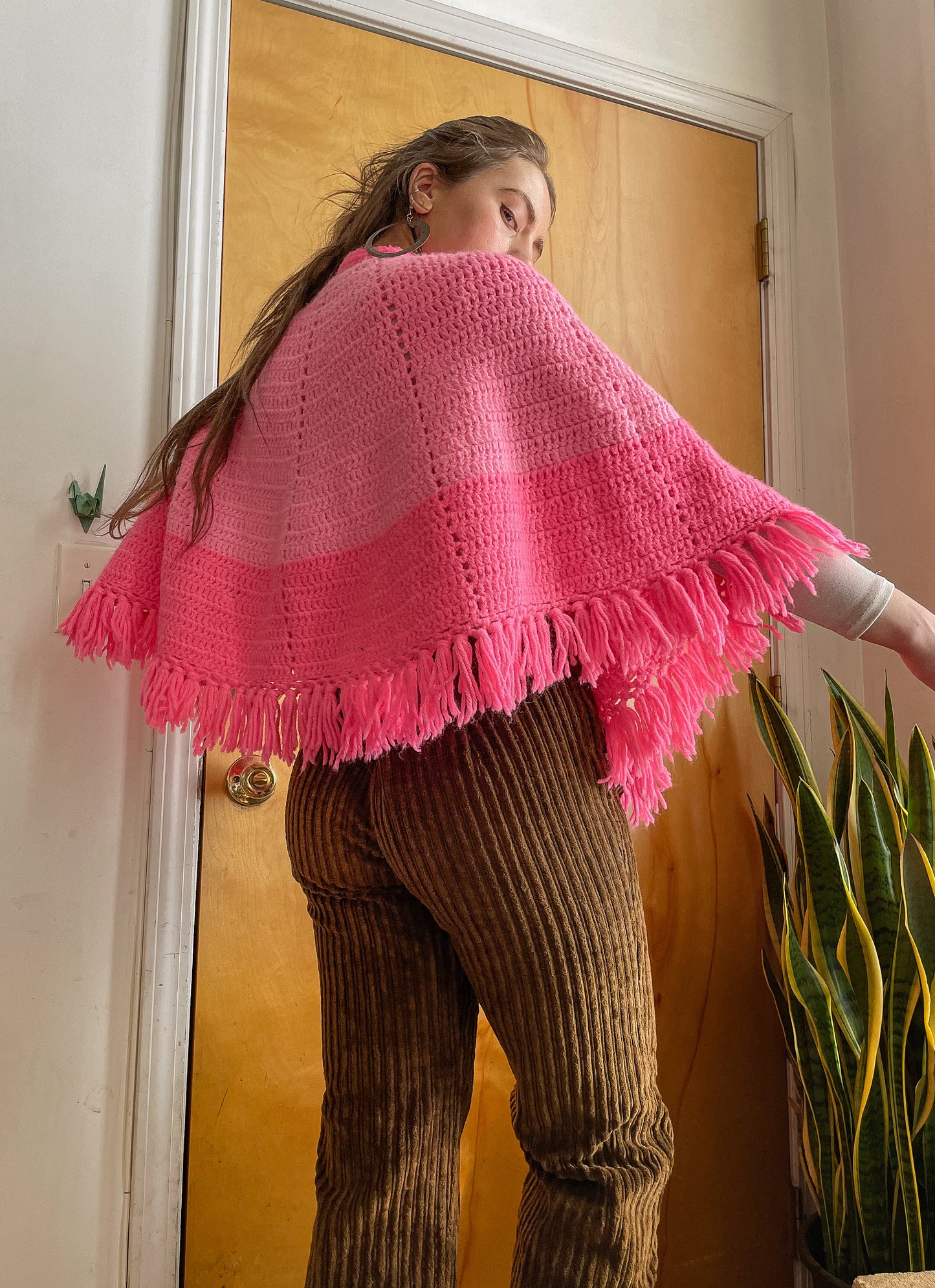 Late 70s Knit Crocheted Two Toned Poncho (XS-M)