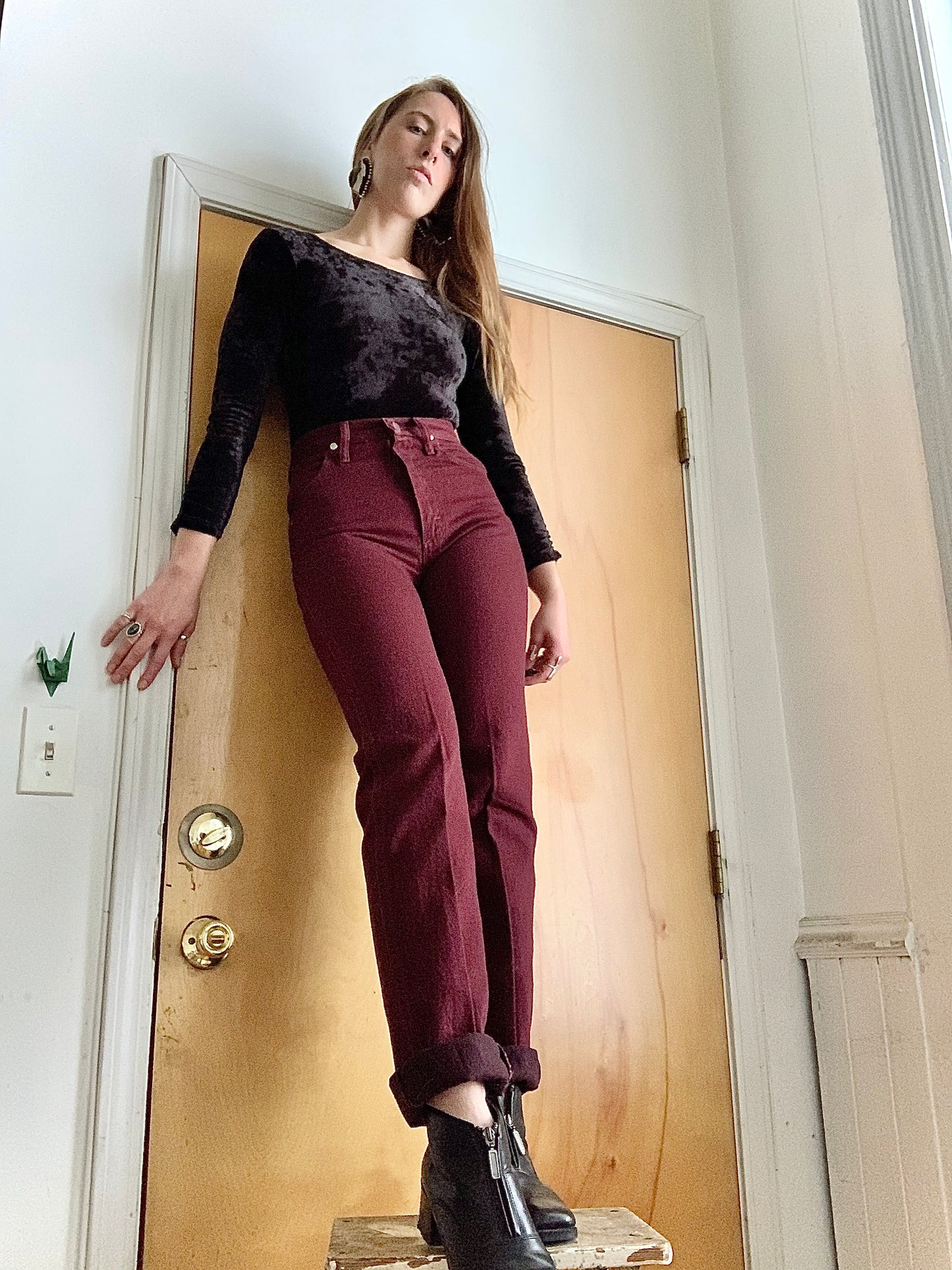 Vintage 80s Deadstock Deep Burgundy Wrangler Jeans (26/27”W)