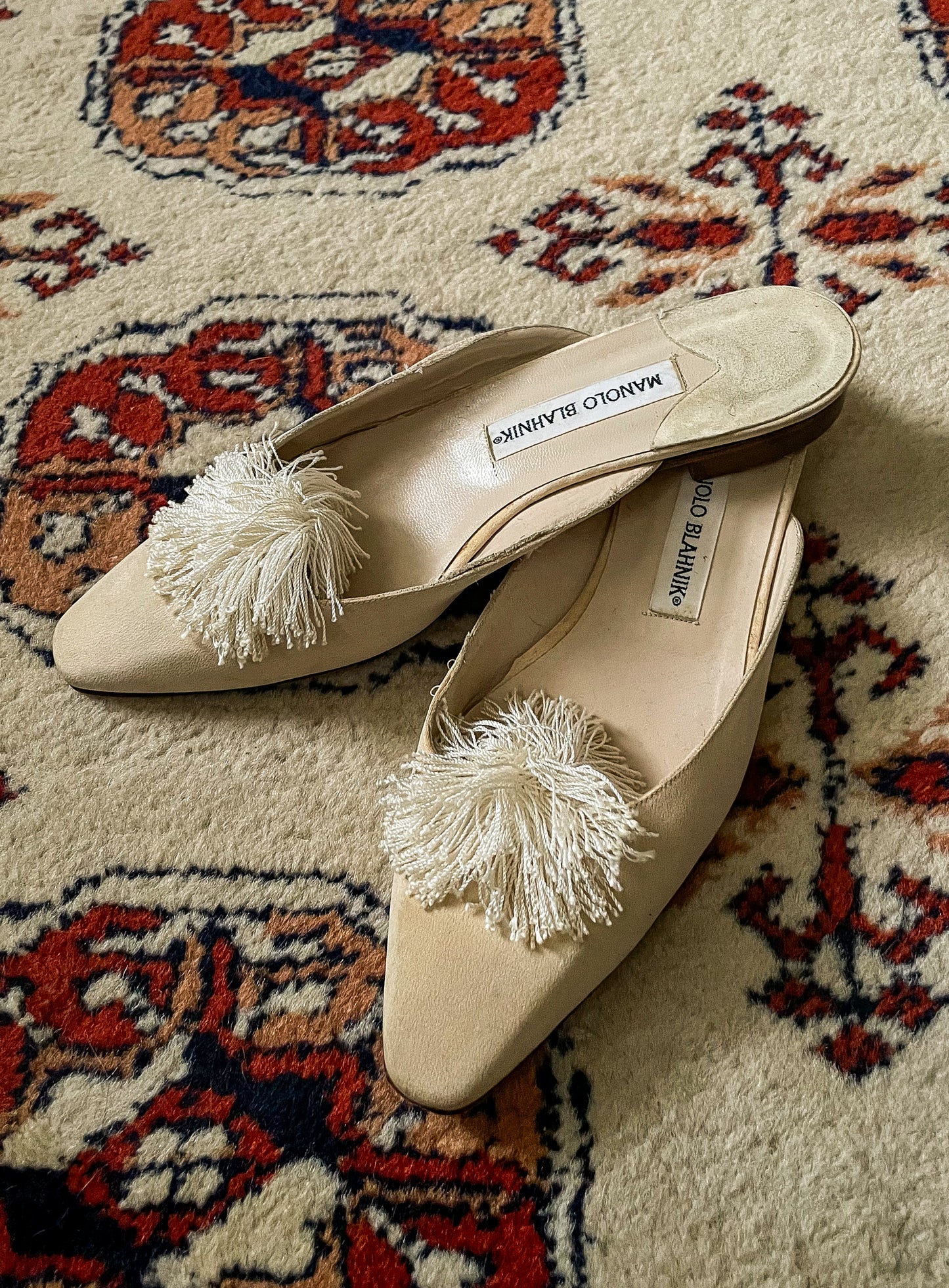 Vintage Cream Manolo Blahnik Mules w/ Pom (8- 8.5)