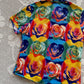 y2k Digital Art Rose Print Short Sleeve Button Down (M)