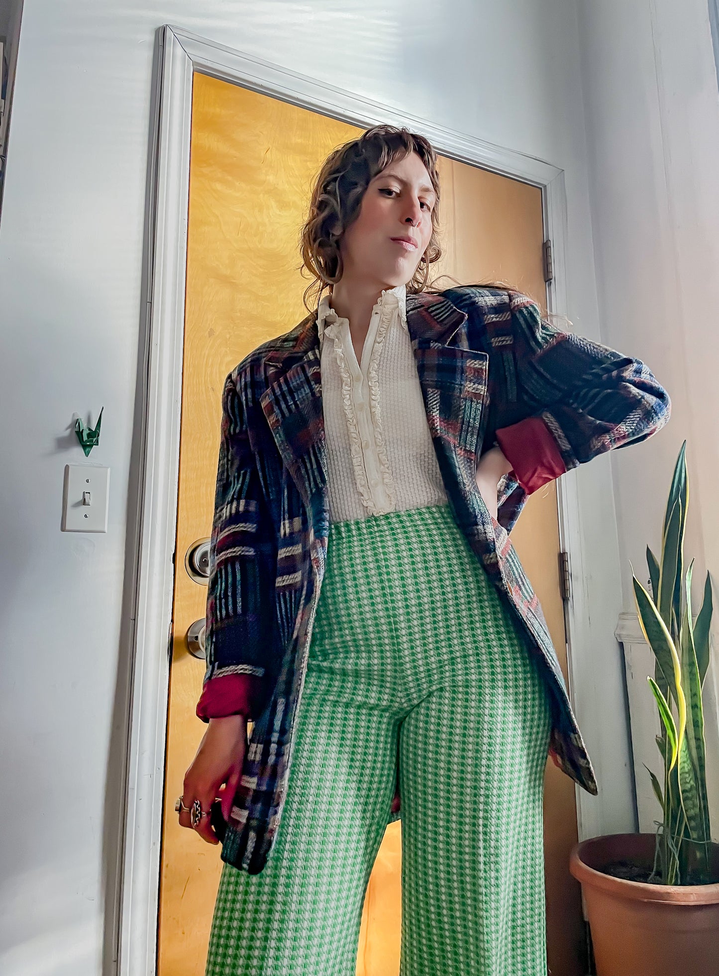 Early 80s Soft Knit Poly Checkered Blazer (L)