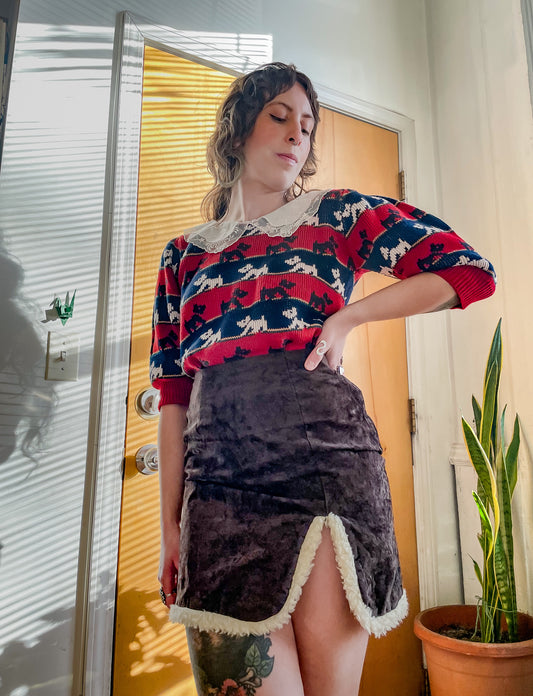 90s Crushed Velvet & Faux Fur Mini Skirt (26-27”W)