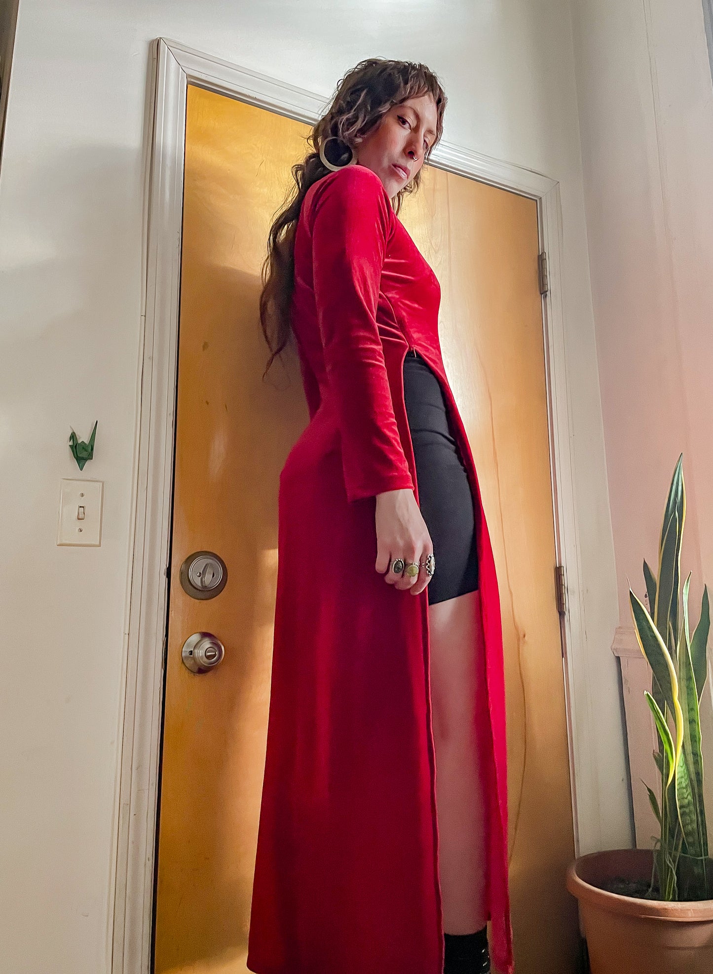 90s Red Velvet Long Sleeve Maxi w/ Open Sides (XS-M)