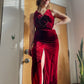 70s- 80s Crimson Red Crushed Velvet Gown (XXS-XS)