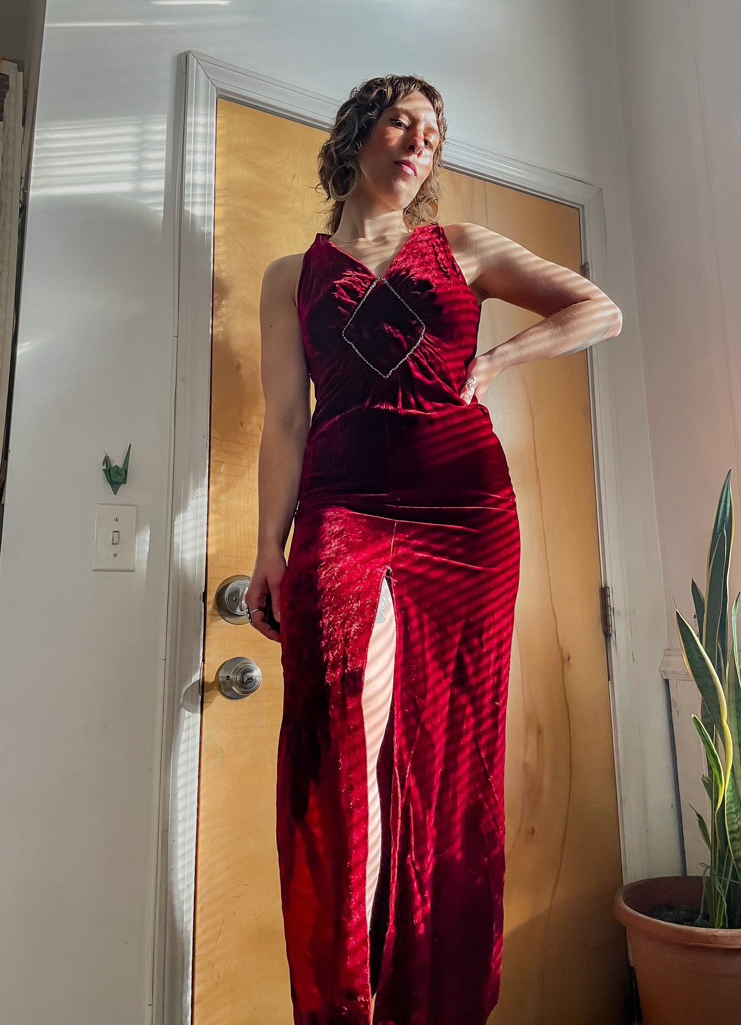 70s- 80s Crimson Red Crushed Velvet Gown (XXS-XS)