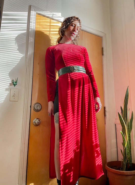 90s Red Velvet Long Sleeve Maxi w/ Open Sides (XS-M)