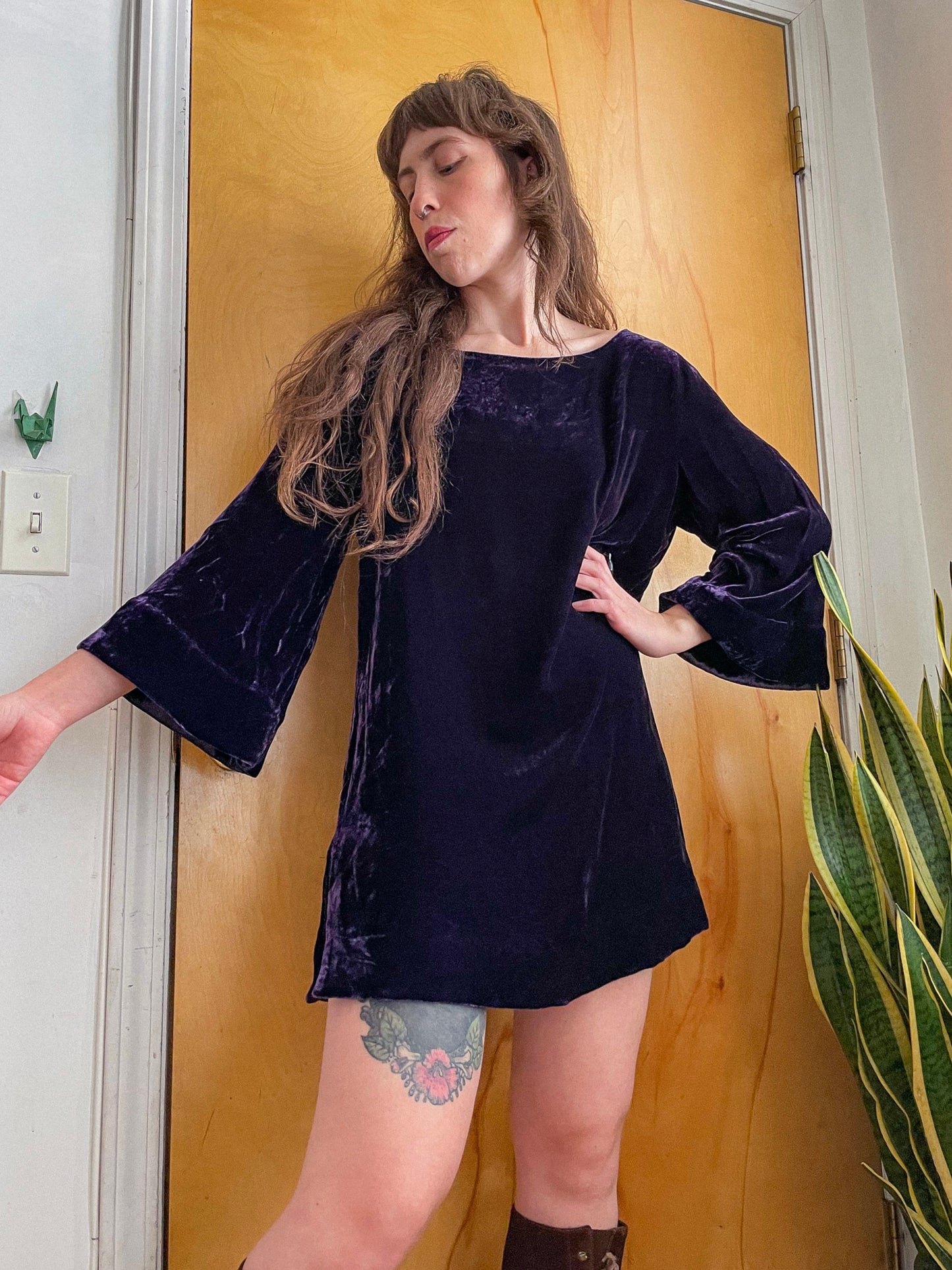 y2k Does 60s Purple Velvet Bell Sleeve Dress/Tunic (XS-L)