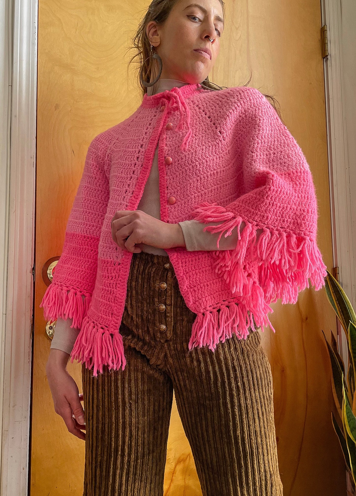 Late 70s Knit Crocheted Two Toned Poncho (XS-M)