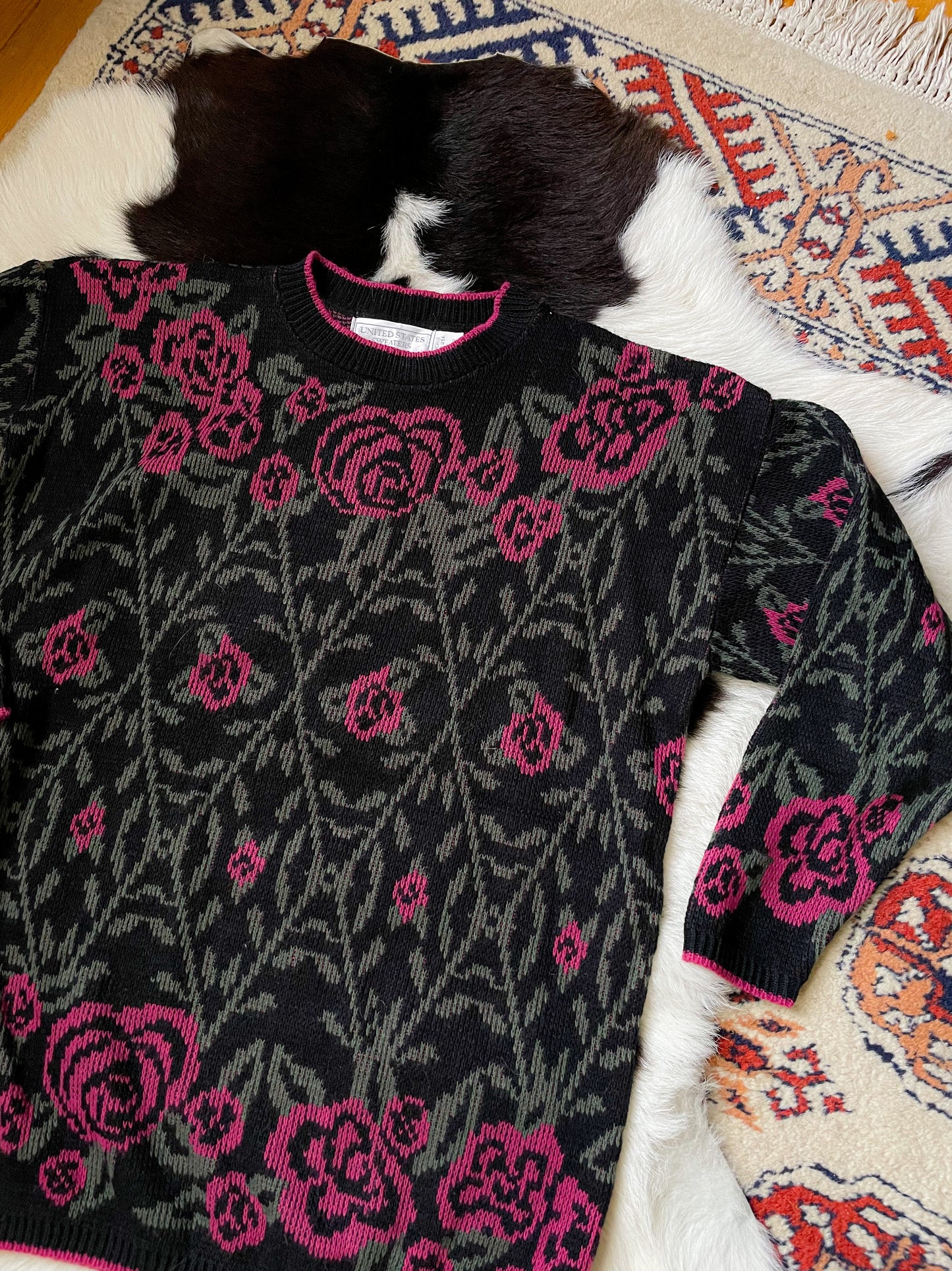 Vintage 80s Fractal Rose Print Pullover Sweater (M)