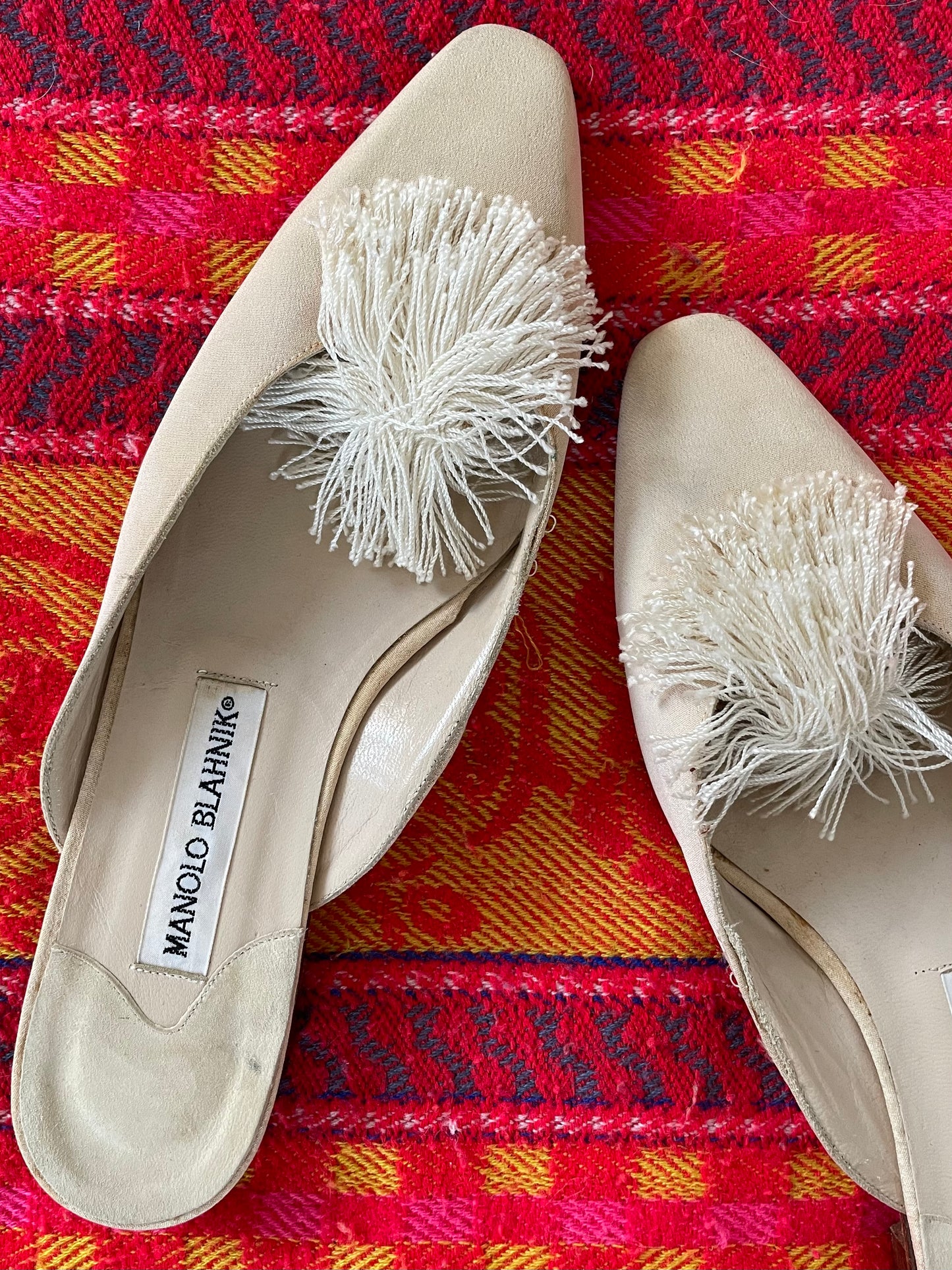 Vintage Cream Manolo Blahnik Mules w/ Pom (8- 8.5)