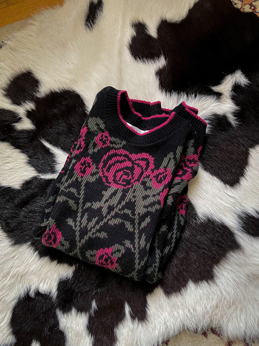 Vintage 80s Fractal Rose Print Pullover Sweater (M)