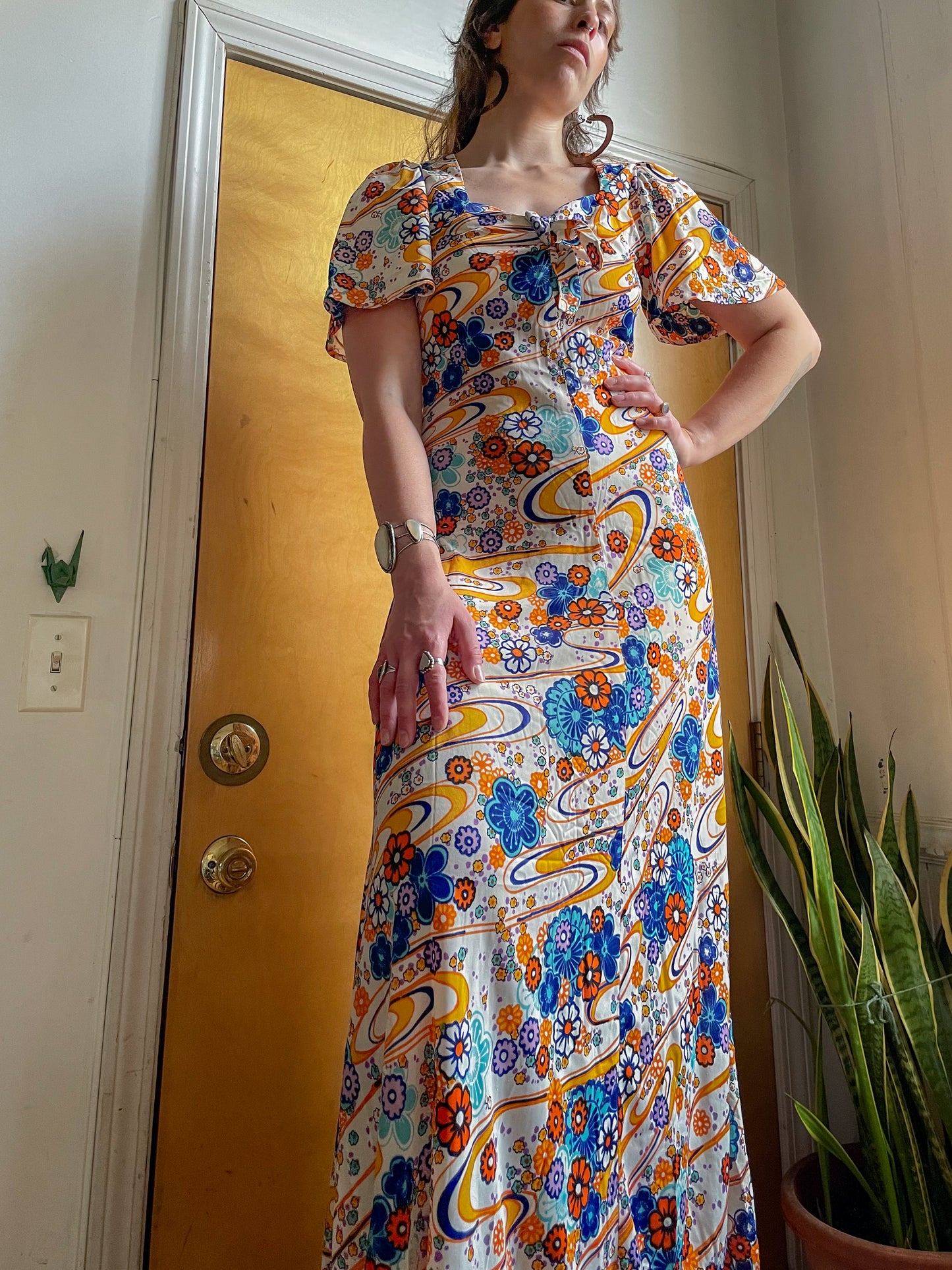 60s/70s Hawaiian Psych Print Maxi Dress (M)