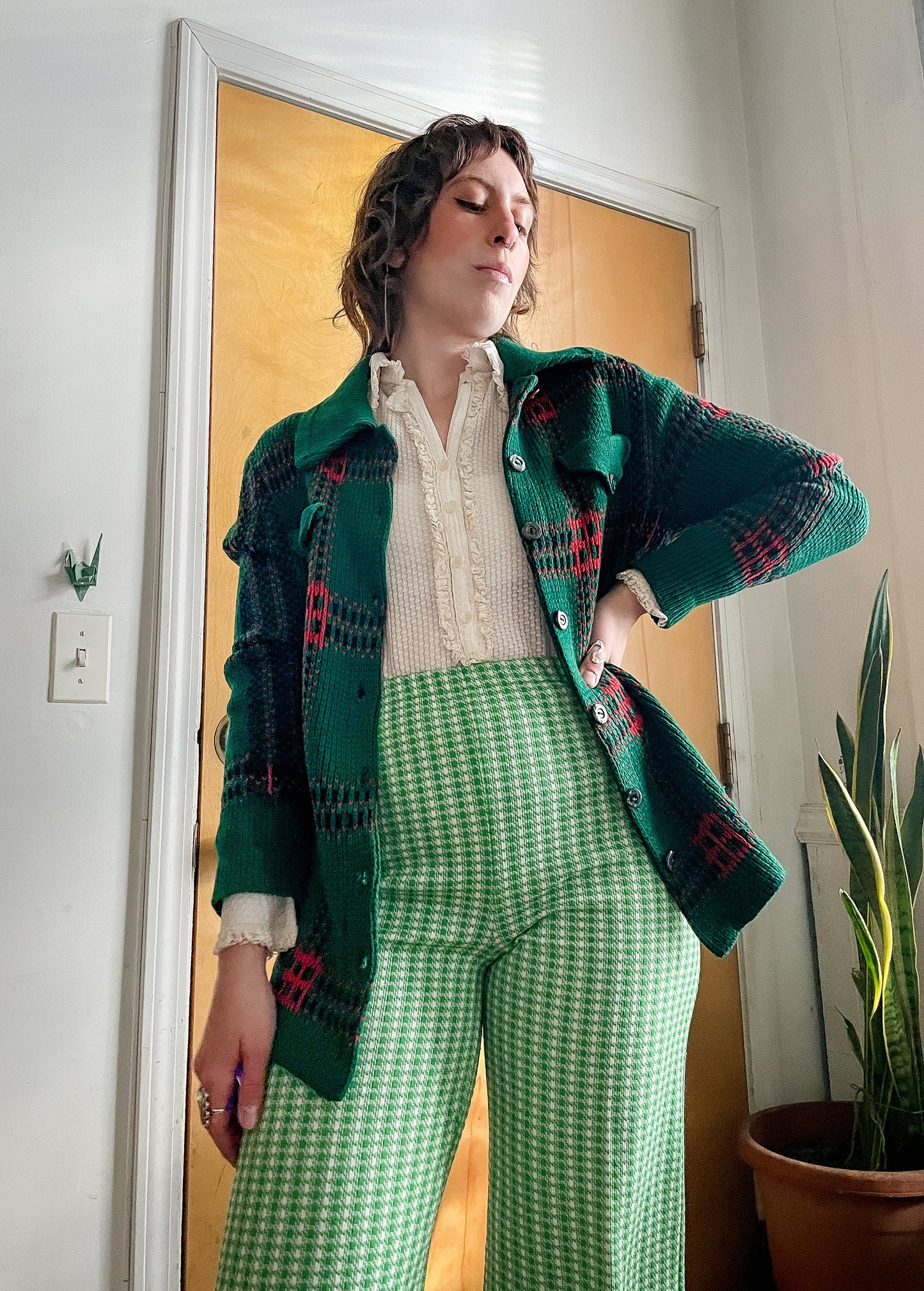 Vintage 70s/80s Knit Plaid Tartan Cardigan (M-L)