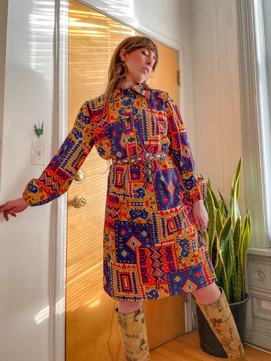 INSANE Late 60’s Funky Geo Print Shirt Dress (XXL)