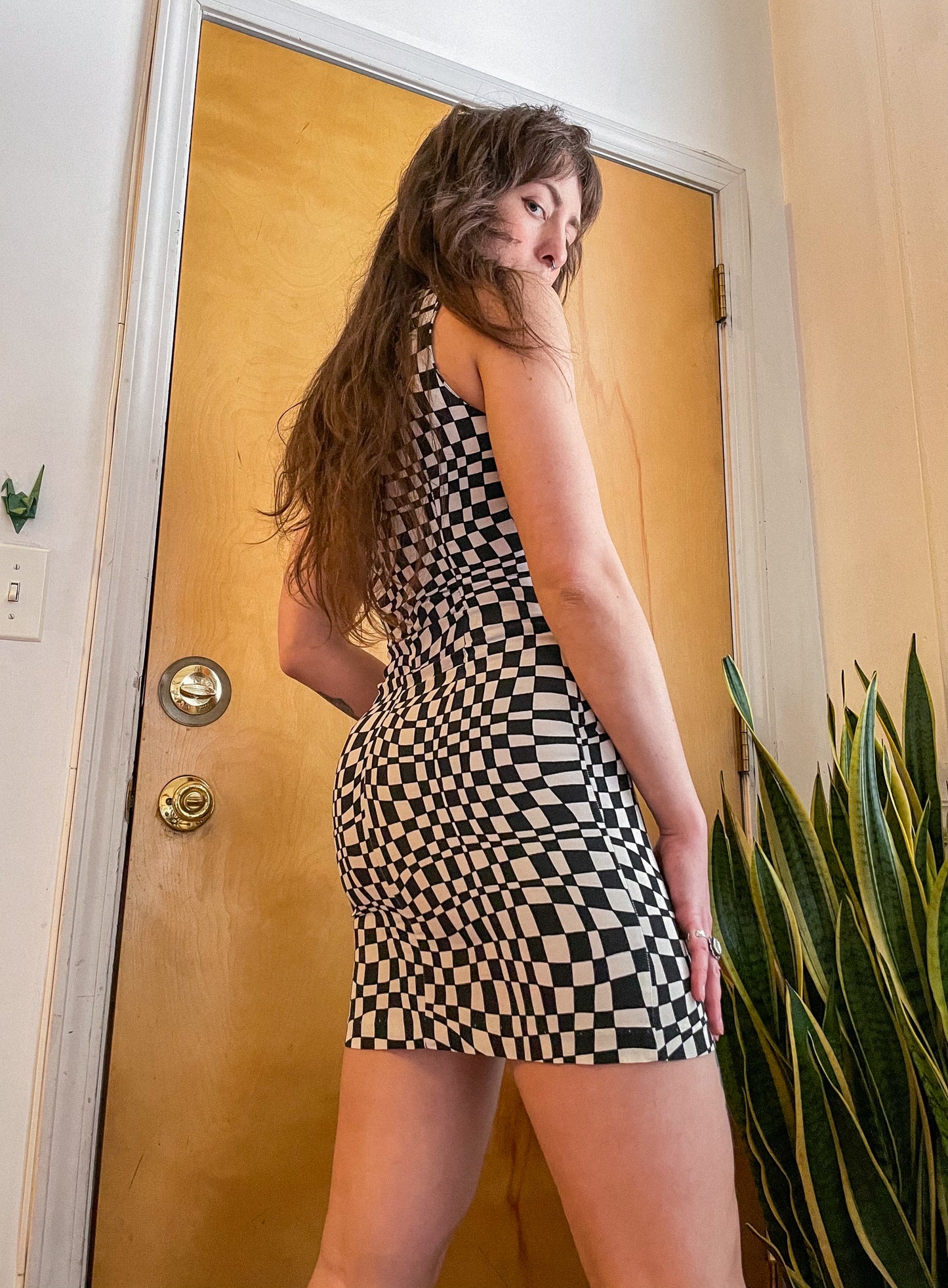 Late 80s- Early 90s Checkered Op Art Bodycon Dress (XS)