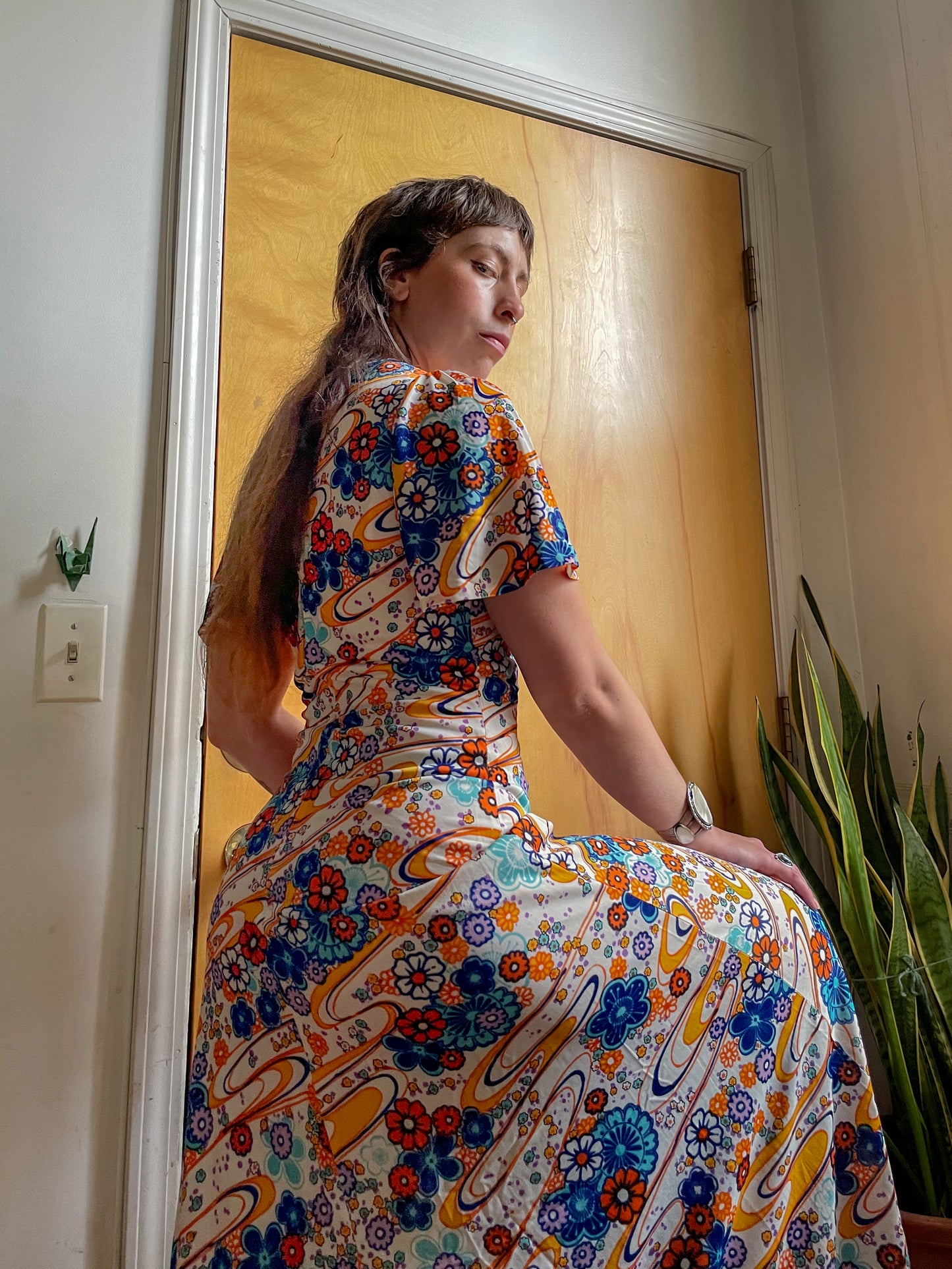 60s/70s Hawaiian Psych Print Maxi Dress (M)