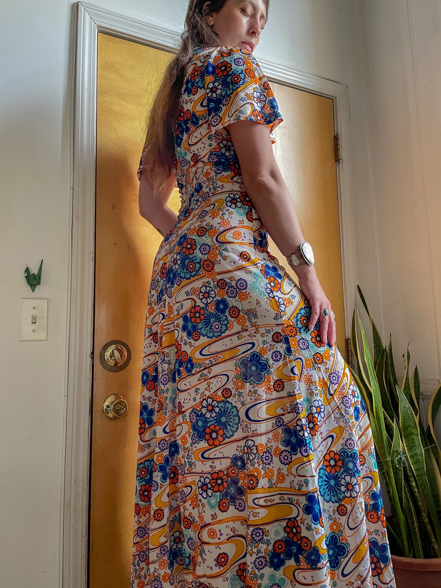 60s/70s Hawaiian Psych Print Maxi Dress (M)