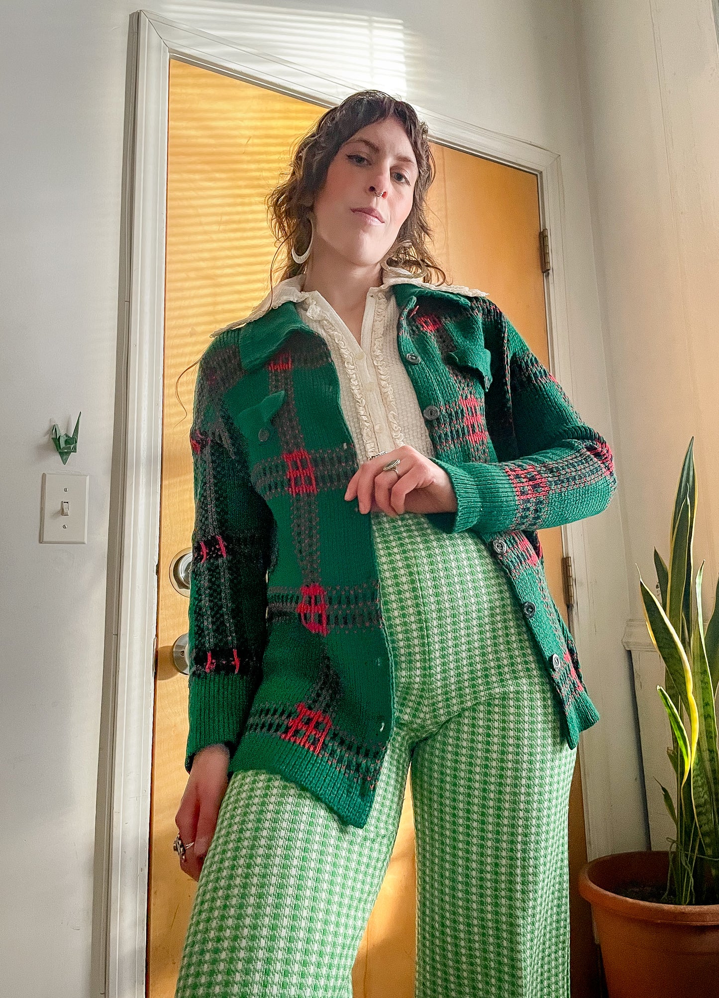 Vintage 70s/80s Knit Plaid Tartan Cardigan (M-L)