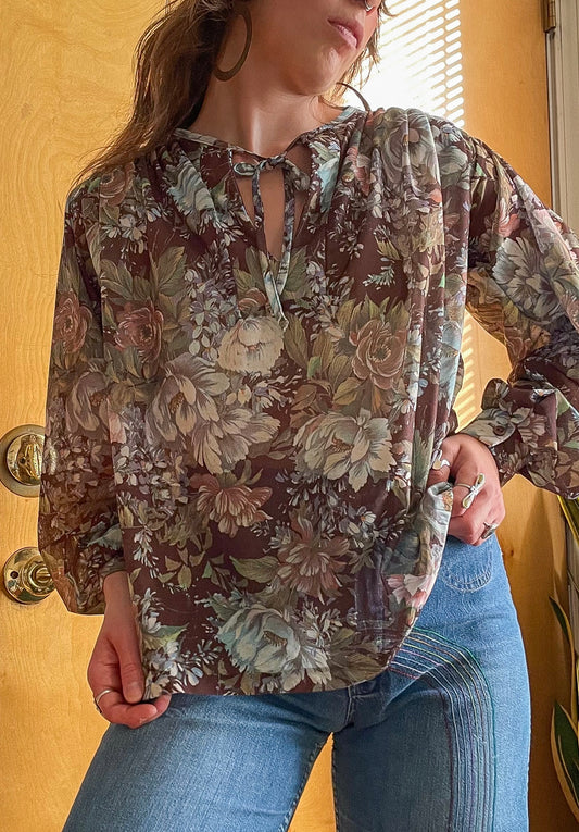 70’s Floral Tie Neckline Blouse (S-M)