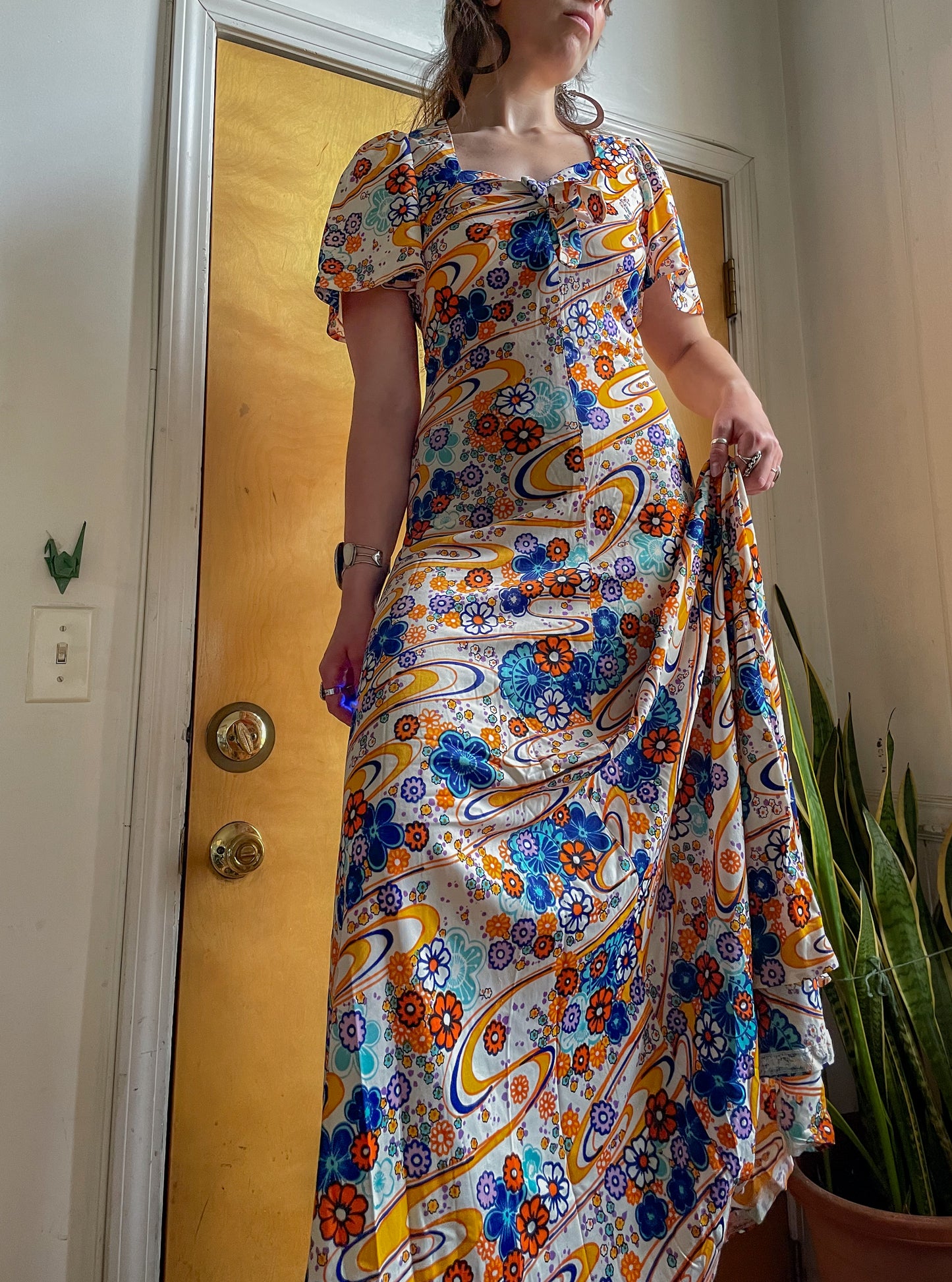 60s/70s Hawaiian Psych Print Maxi Dress (M)