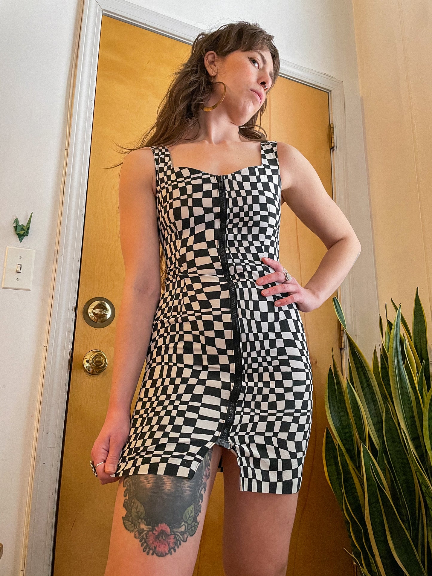 Late 80s- Early 90s Checkered Op Art Bodycon Dress (XS)