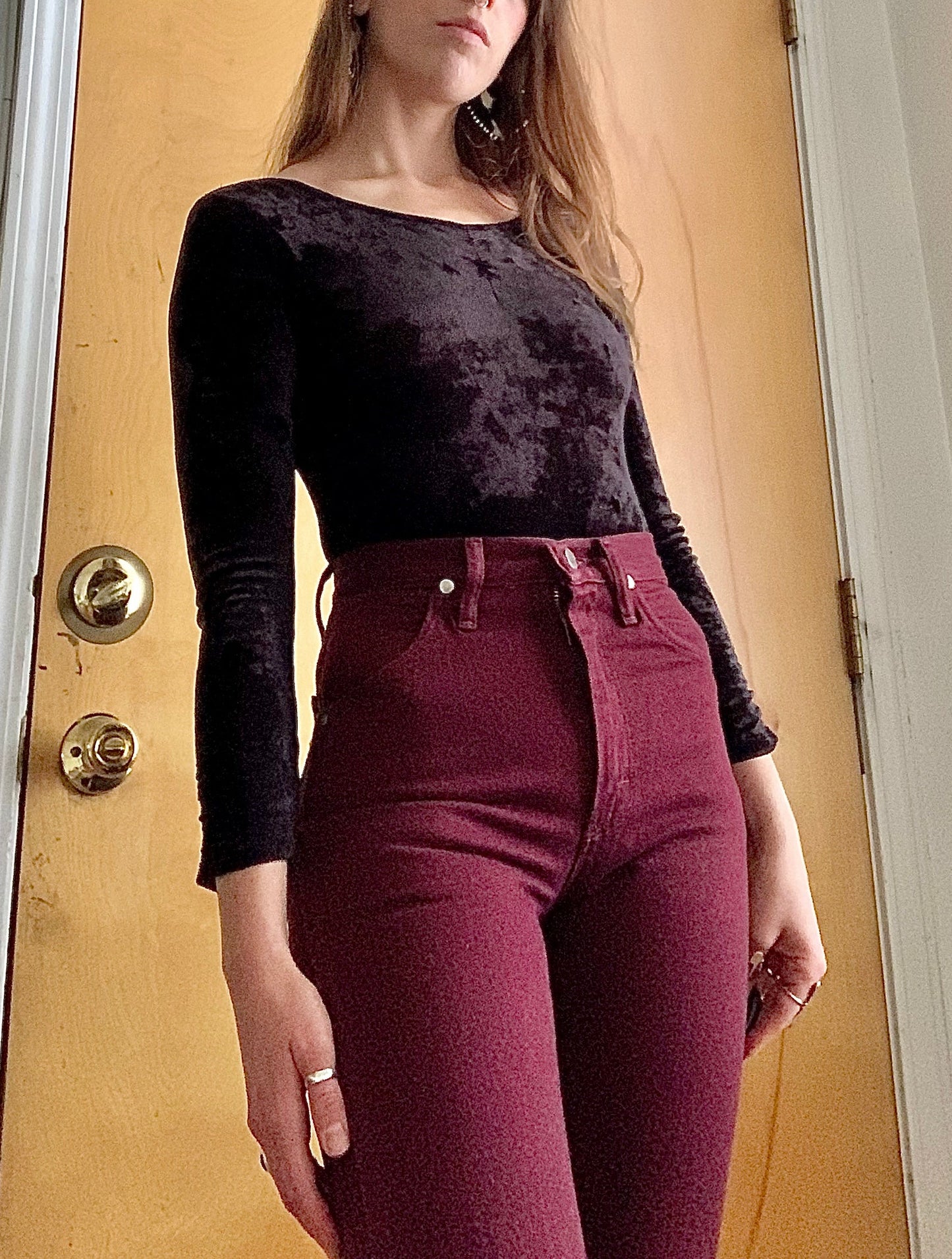 Vintage 80s Deadstock Deep Burgundy Wrangler Jeans (26/27”W)