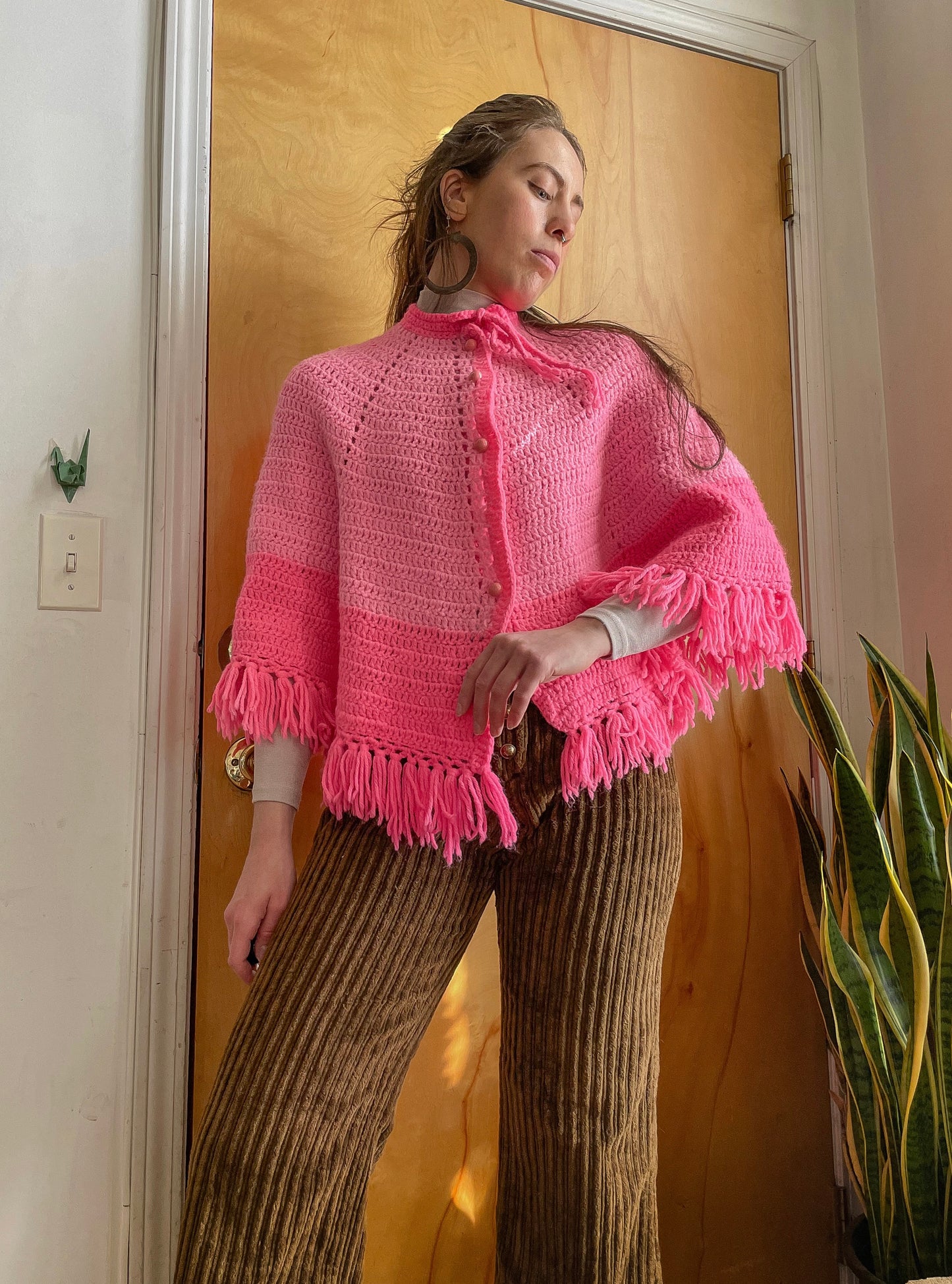 Late 70s Knit Crocheted Two Toned Poncho (XS-M)