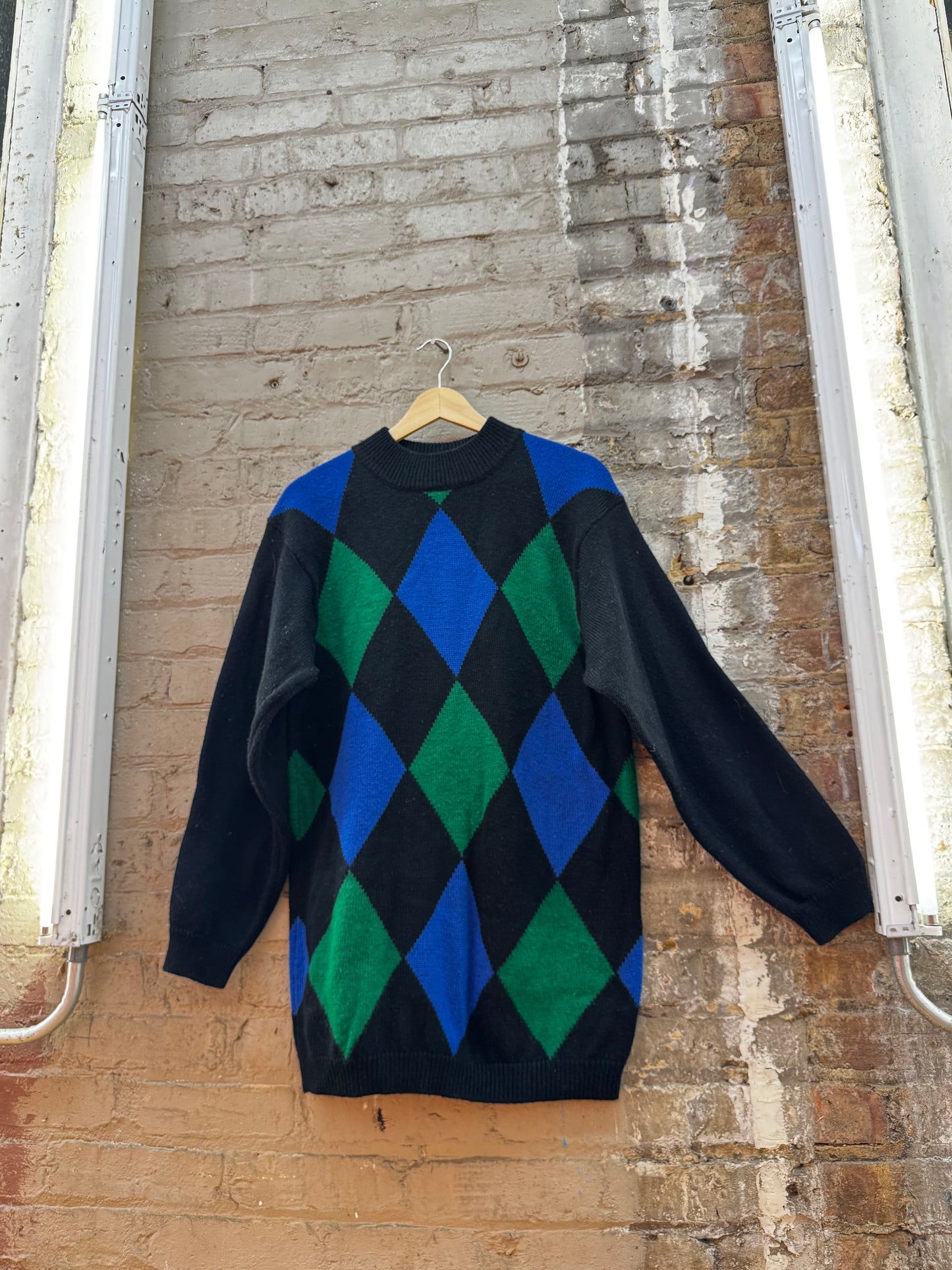 80s Color Block Harlequin Knit Micro Mini Sweater/Dress (M)