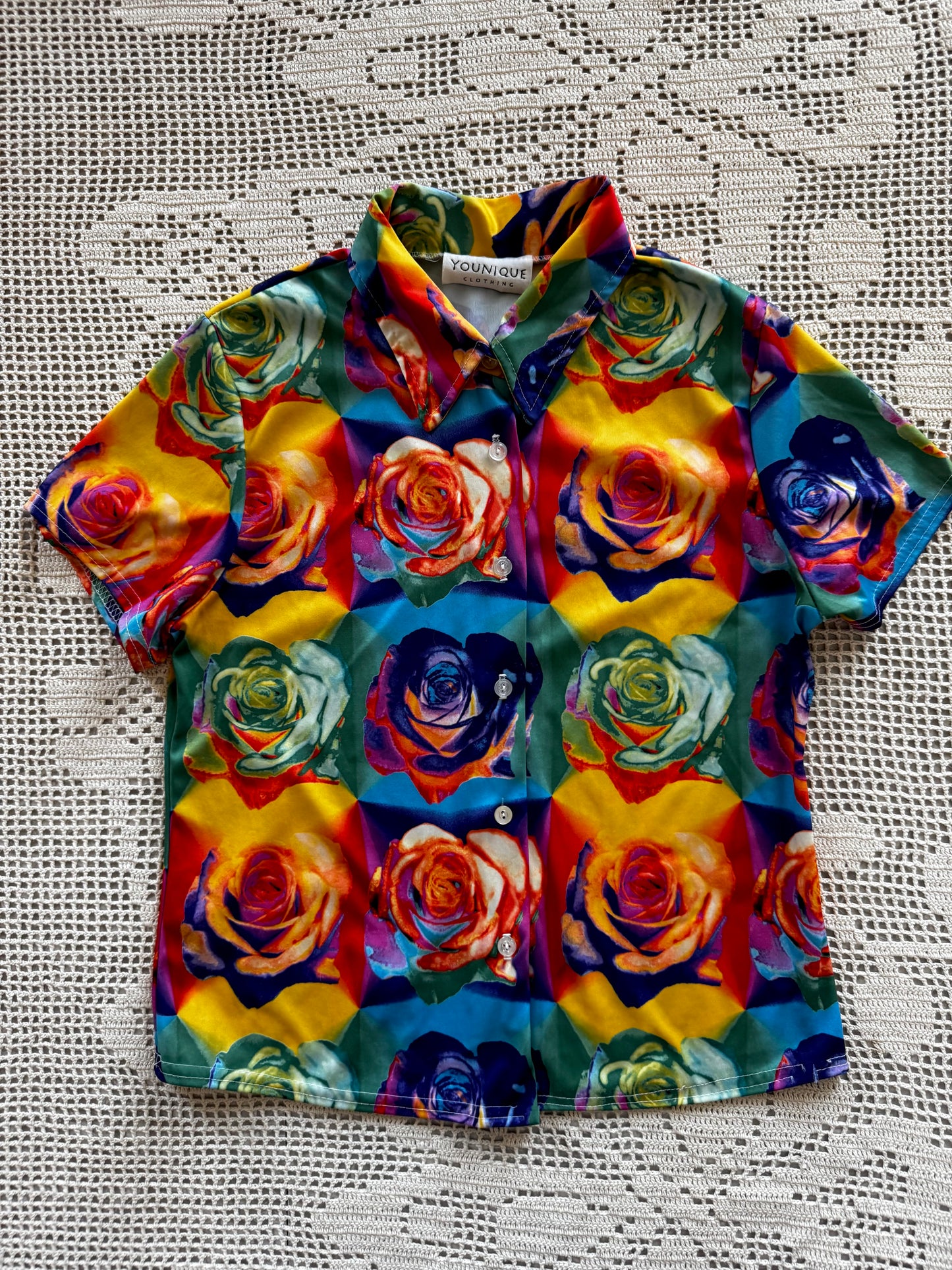 y2k Digital Art Rose Print Short Sleeve Button Down (M)