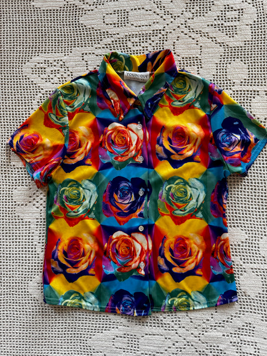 y2k Digital Art Rose Print Short Sleeve Button Down (M)
