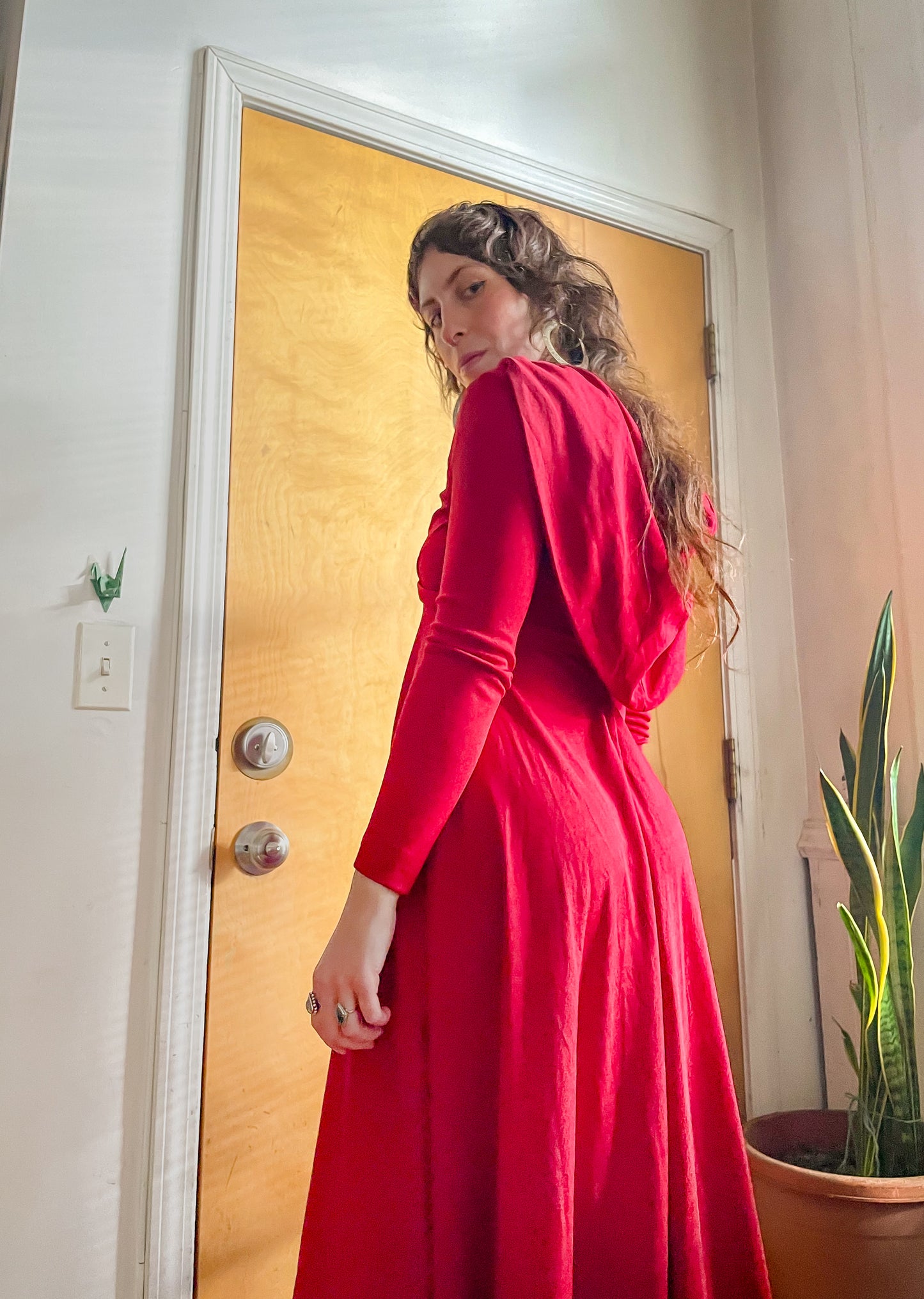 70s- 80s Red Hooded Maxi Dress (XS)