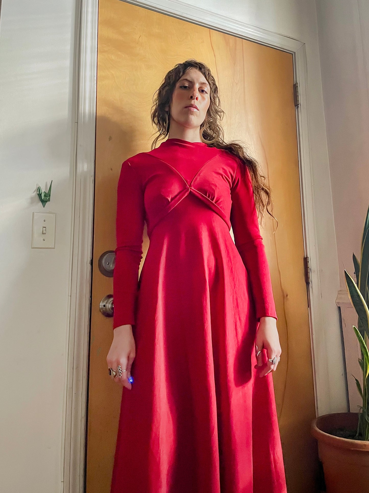 70s- 80s Red Hooded Maxi Dress (XS)