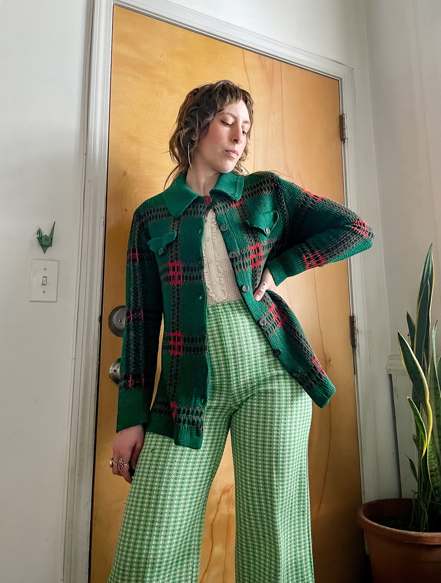 Vintage 70s/80s Knit Plaid Tartan Cardigan (M-L)