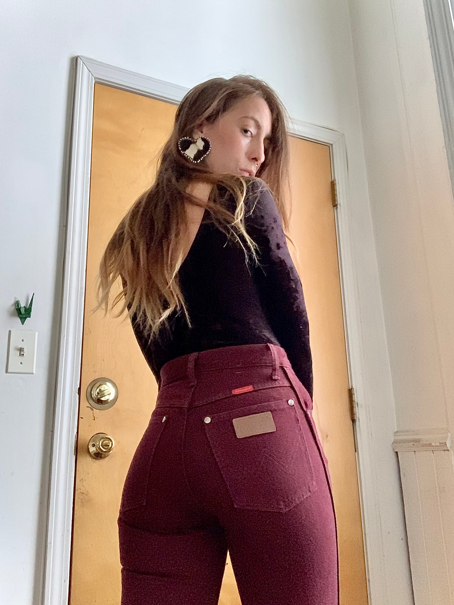 Vintage 80s Deadstock Deep Burgundy Wrangler Jeans (26/27”W)