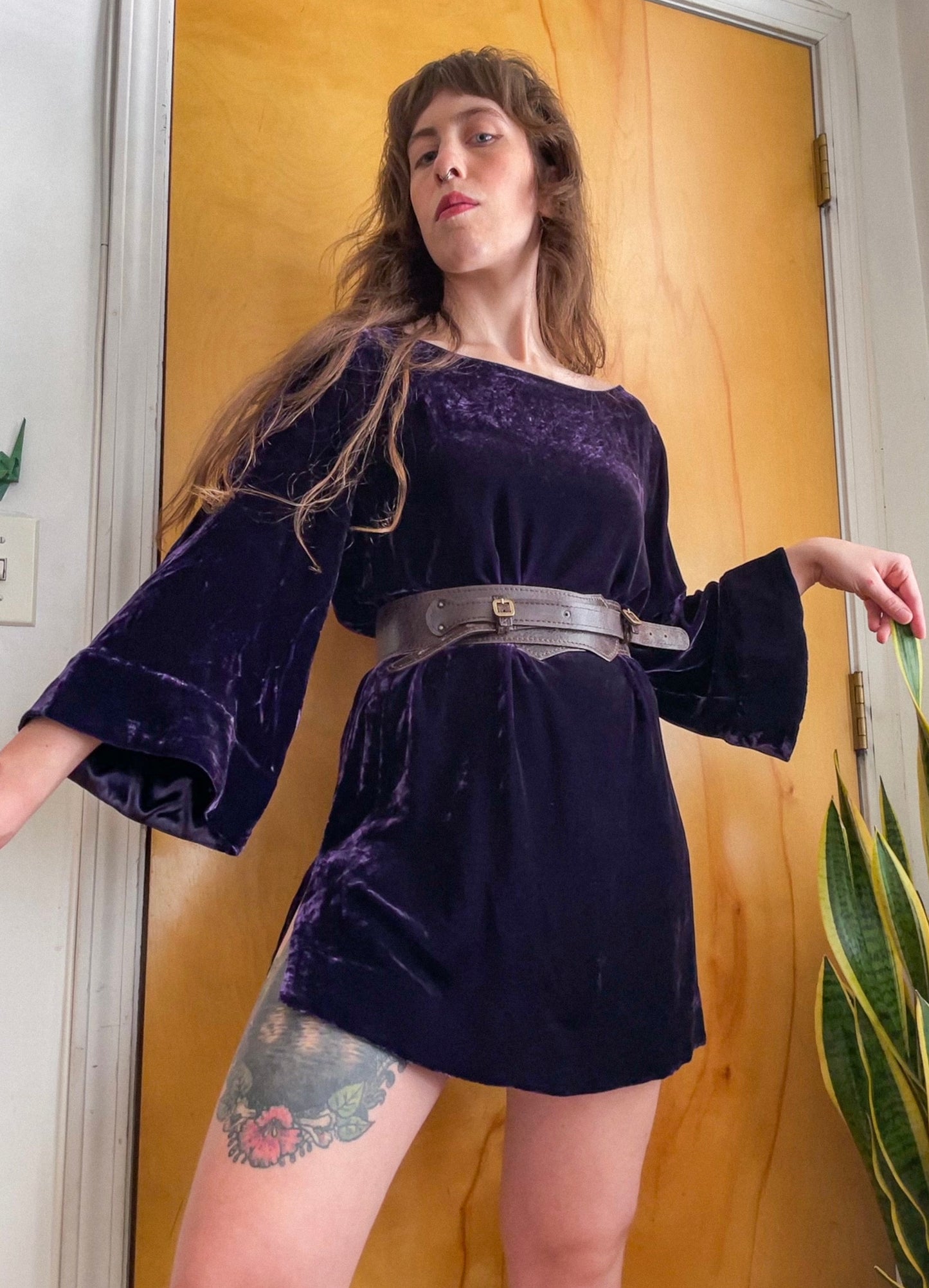 y2k Does 60s Purple Velvet Bell Sleeve Dress/Tunic (XS-L)