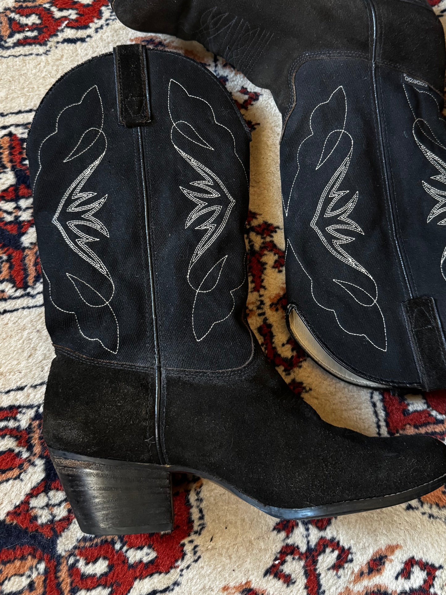 Vintage 80s Denim & Suede Heeled Cowboy Boots (8.5)