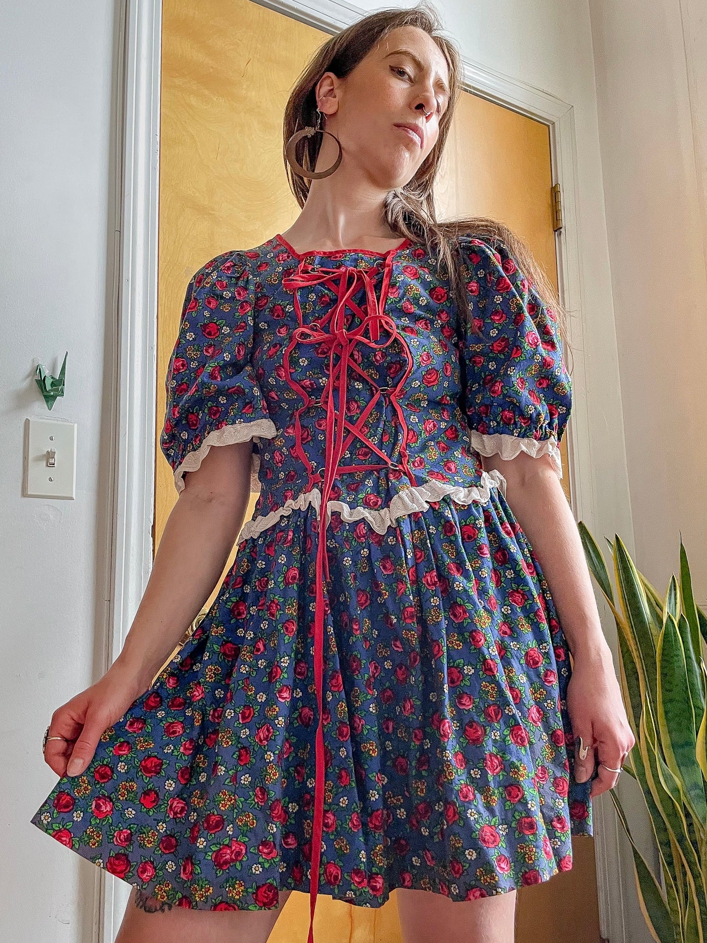 Vintage Puff Sleeve Floral Dirndl Mini Dress (S-L)