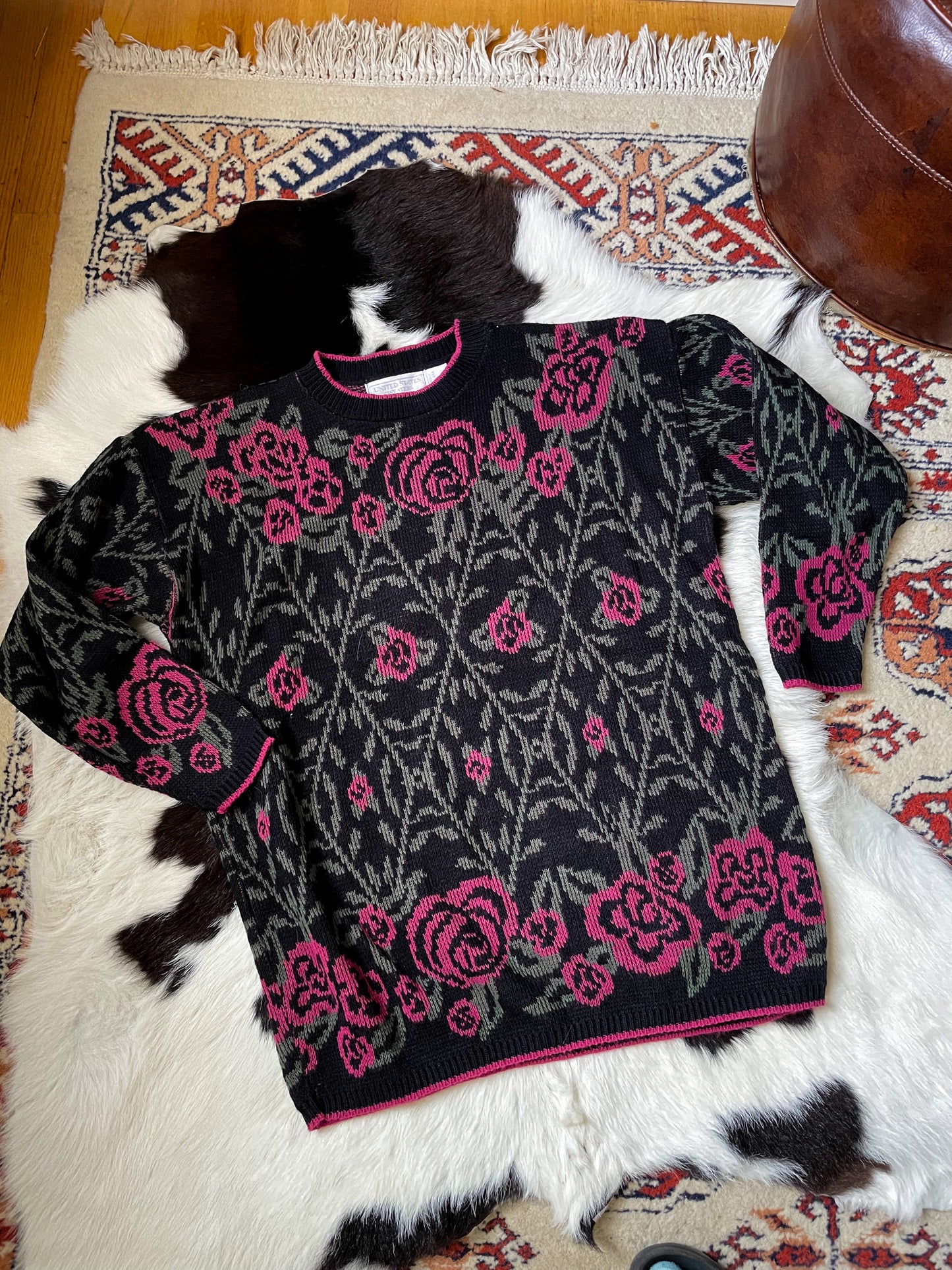 Vintage 80s Fractal Rose Print Pullover Sweater (M)